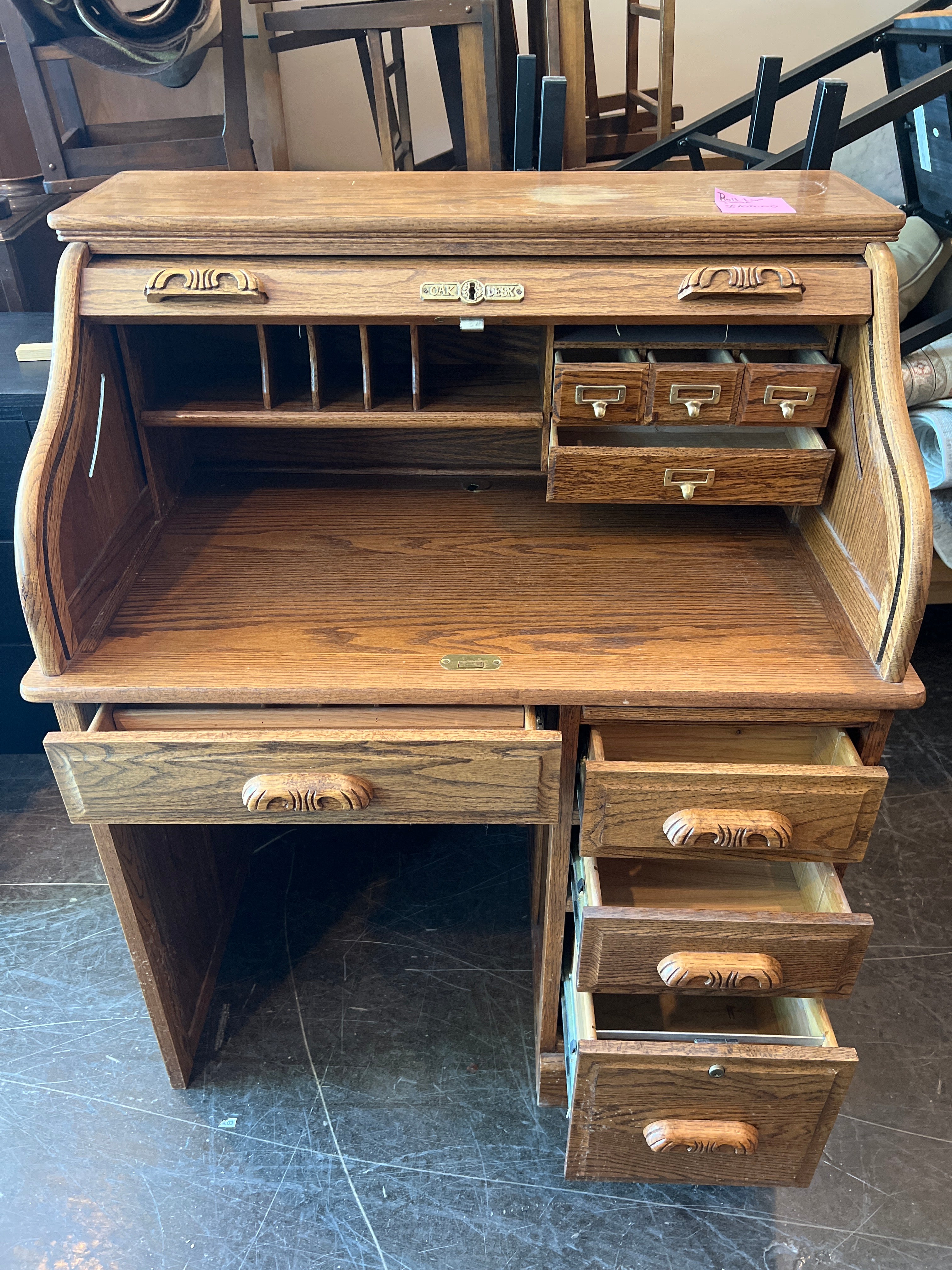 Solid Oak Roll-Top Desk with Drawers