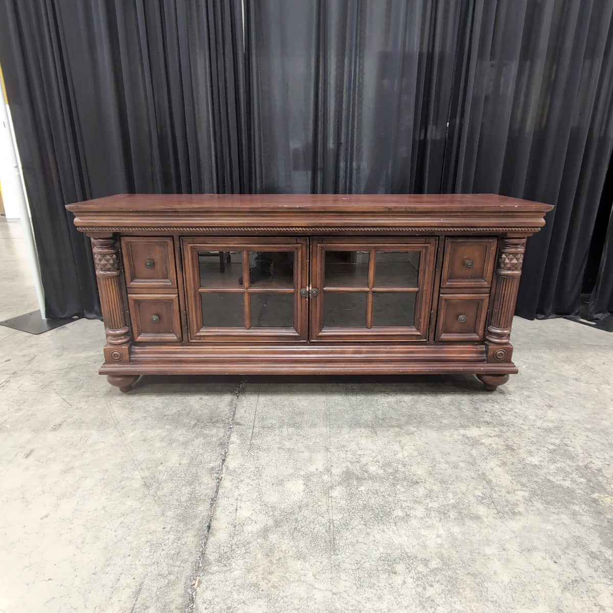 Dark Wood Traditional TV Stand with Glass Doors