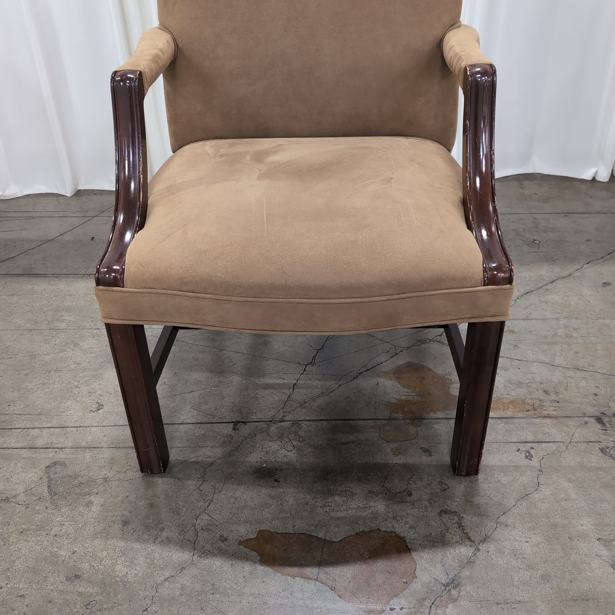 Tan Upholstered Arm Chair with Dark Wood Trim