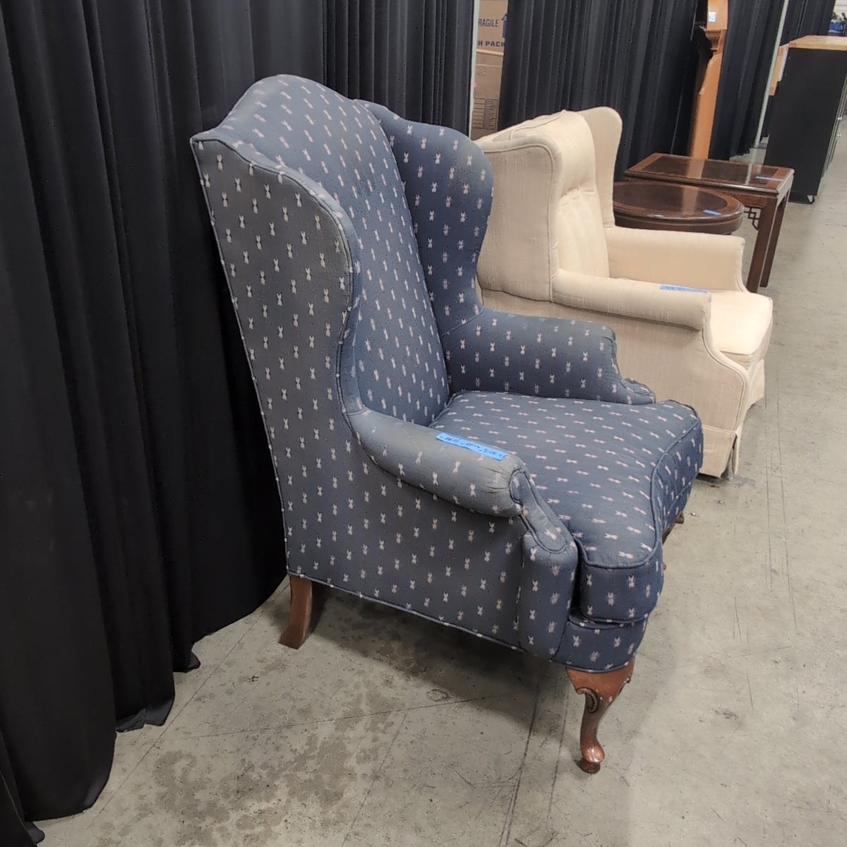 Blue Patterned Wingback Chair with Cabriole Legs
