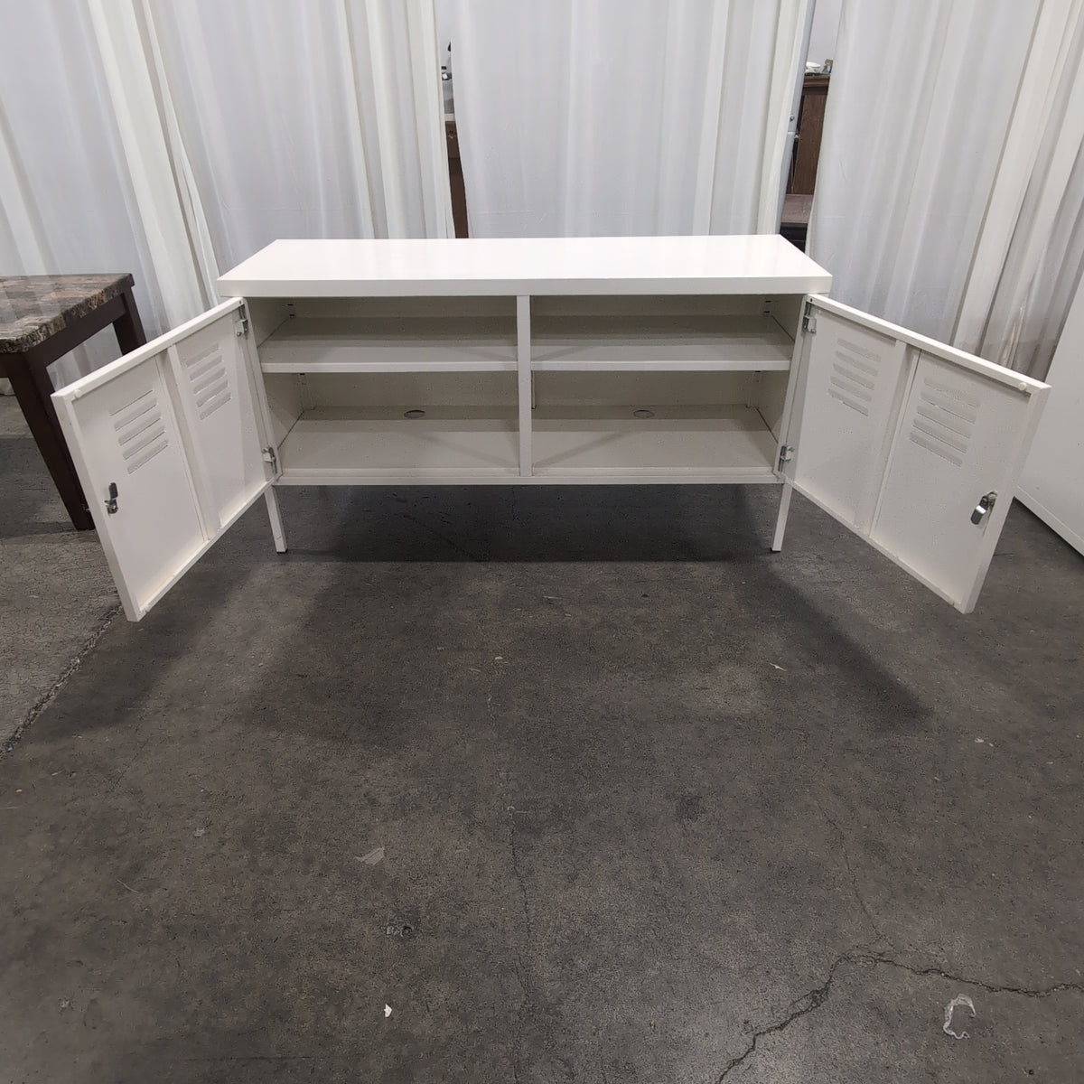 White Industrial Metal TV Stand with Locker Doors