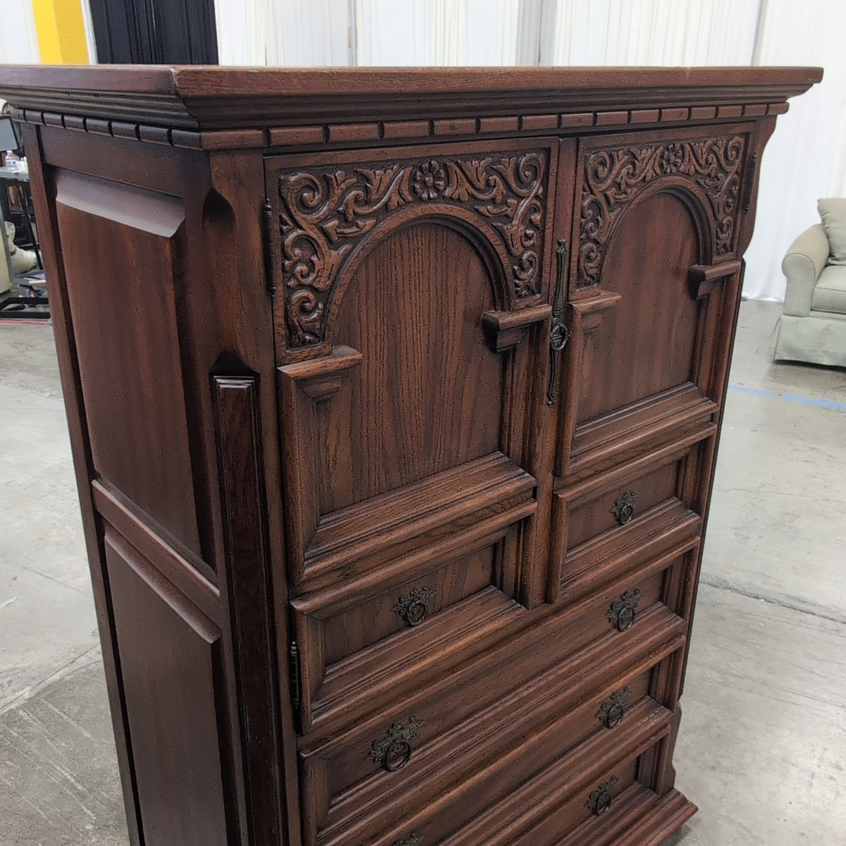 Dark Wood Carved Traditional Armoire with Ornate Hardware