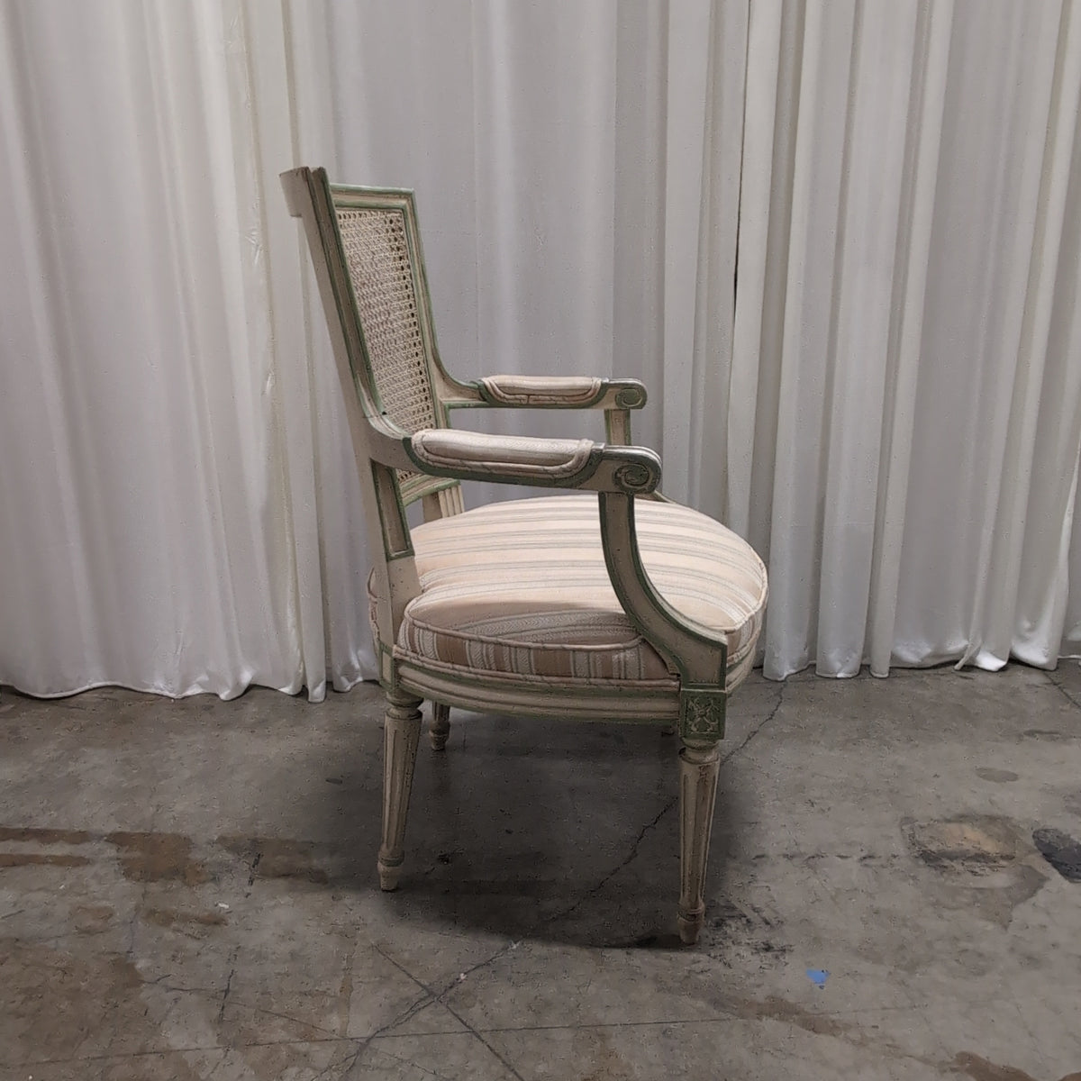 French Provincial Cane Back Accent Chair with Striped Upholstery