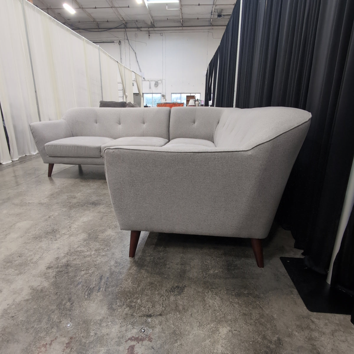 Mid-Century Inspired Light Grey Sectional Couch in Fabric