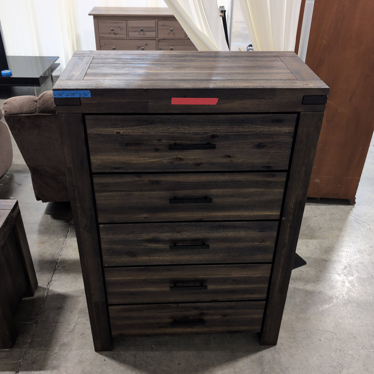 Rustic Dark Wood Five-Drawer Dresser with Black Pulls
