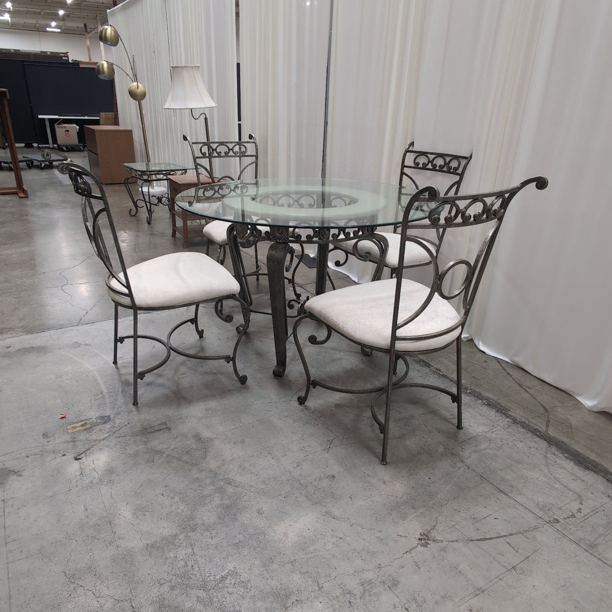 Ornate Wrought Iron Glass Dining Table with Chairs