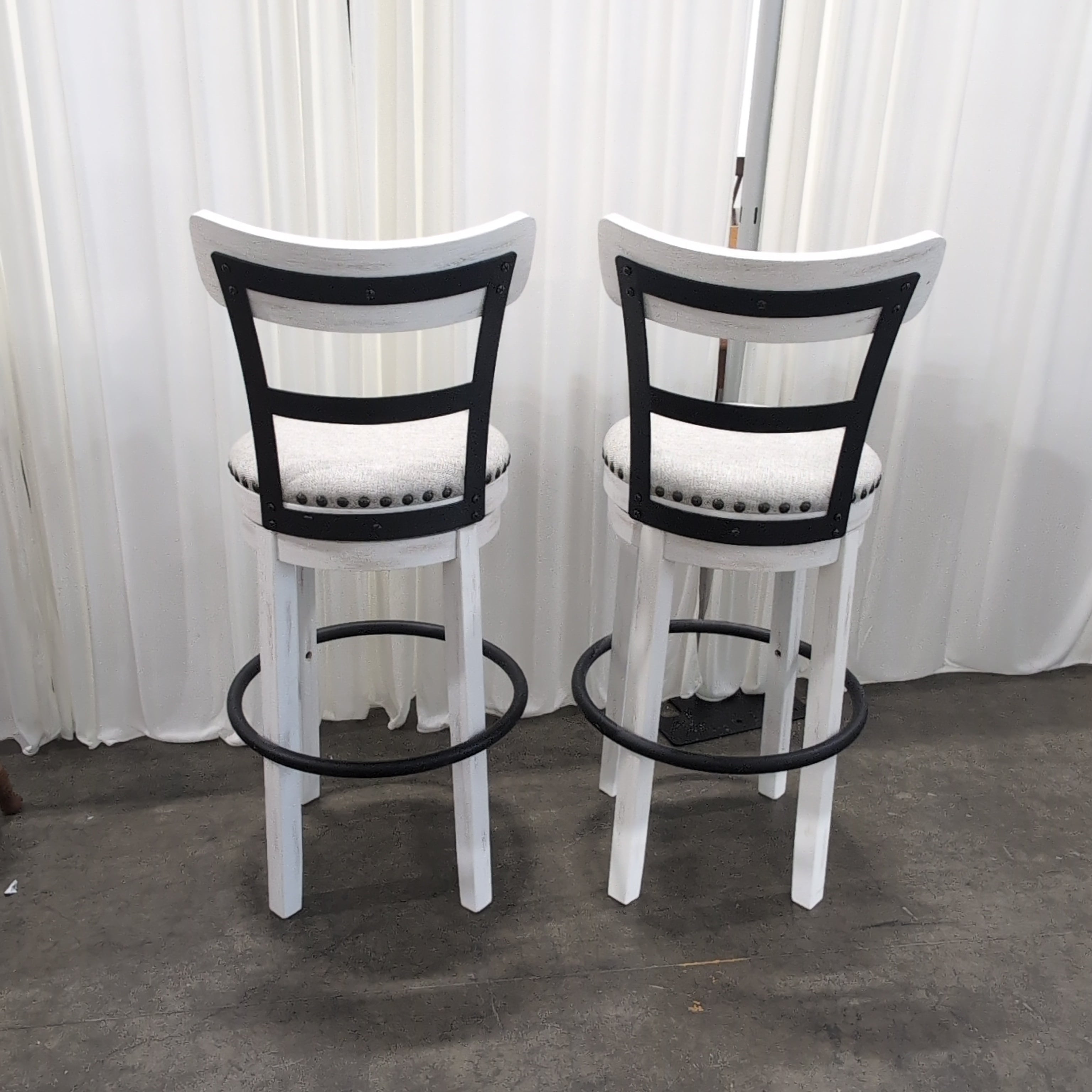 Distressed White Wood Backrest Bar Stool with Upholstered Seat