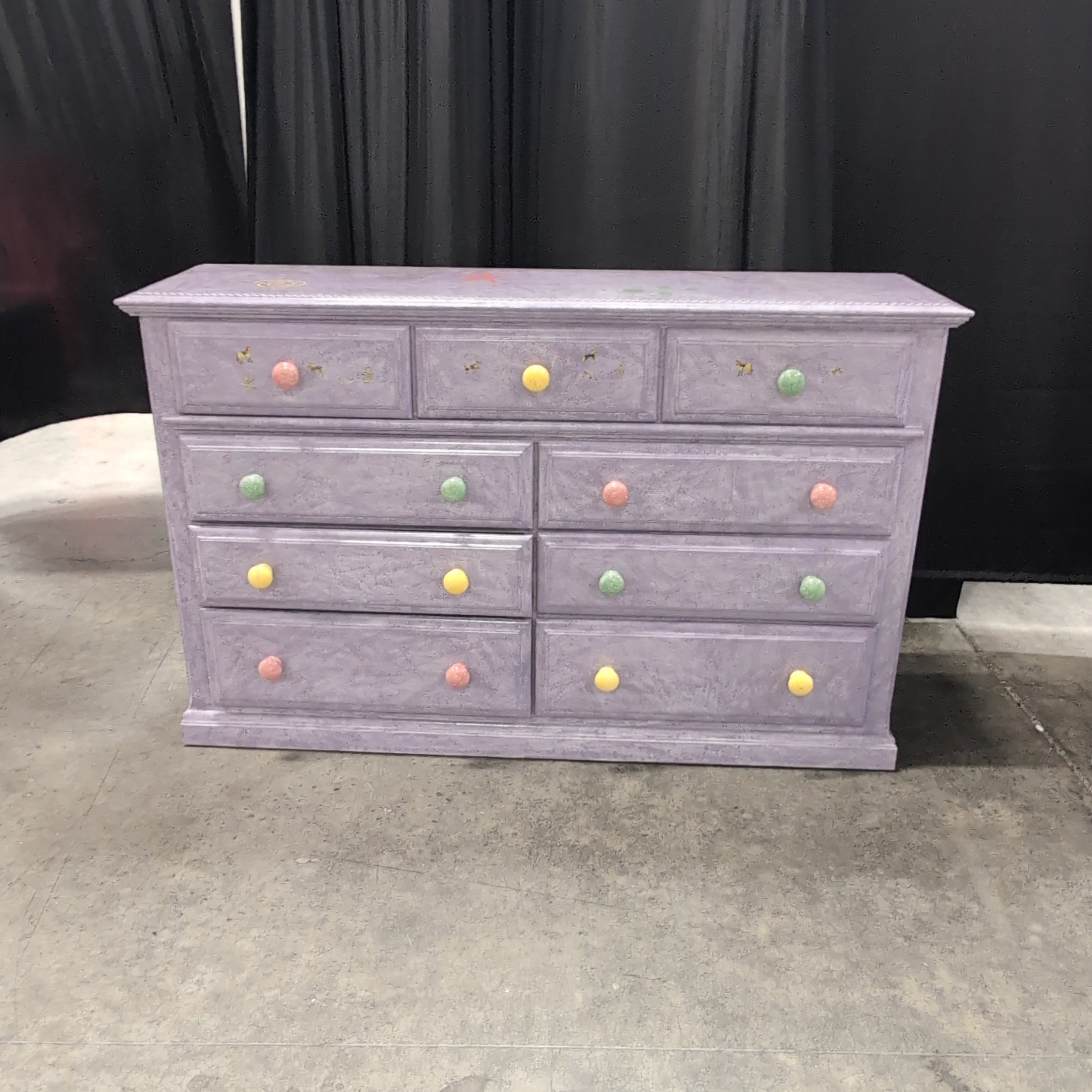 Lavender Nine-Drawer Dresser with Colorful Knobs