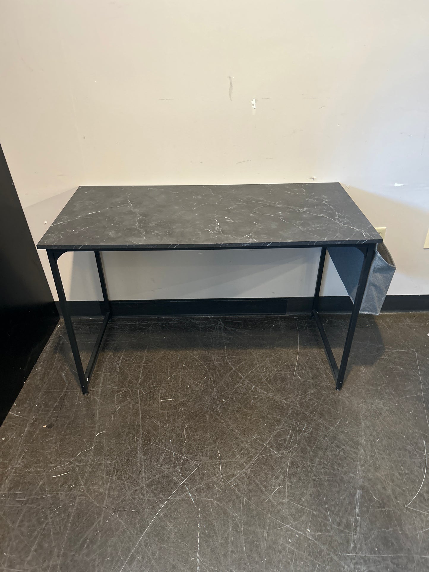 Slim Black Side Table with Faux Marble Top and Fabric Storage