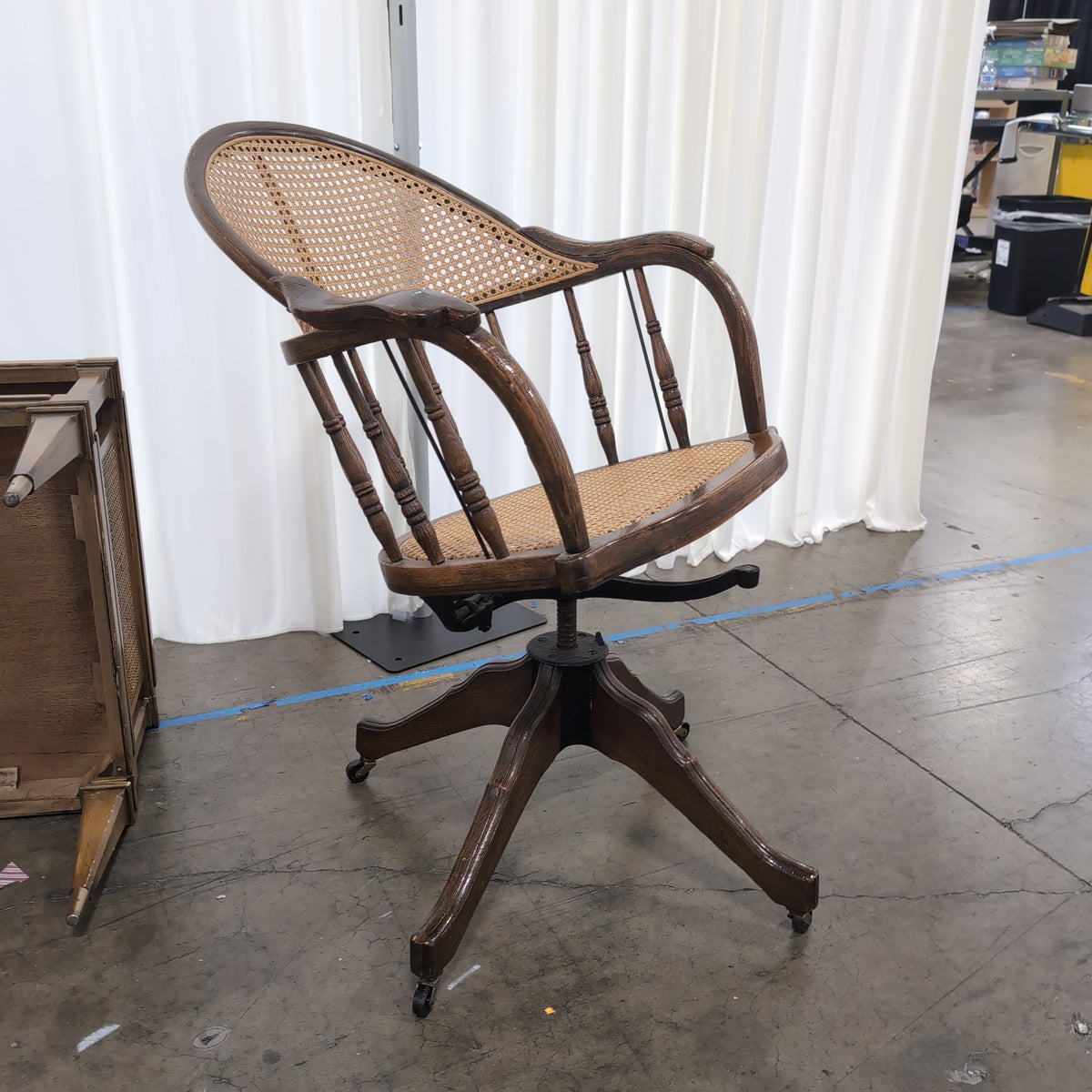 Traditional Dark Wood Cane Desk Chair with Swivel Base