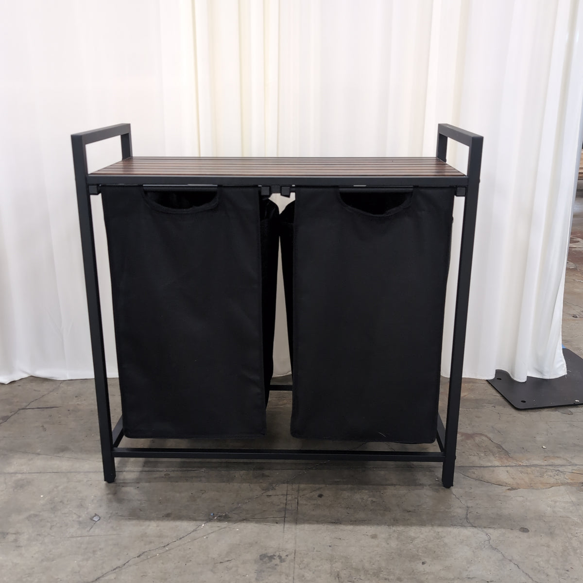 Industrial Black Metal Laundry Hamper with Wood Top