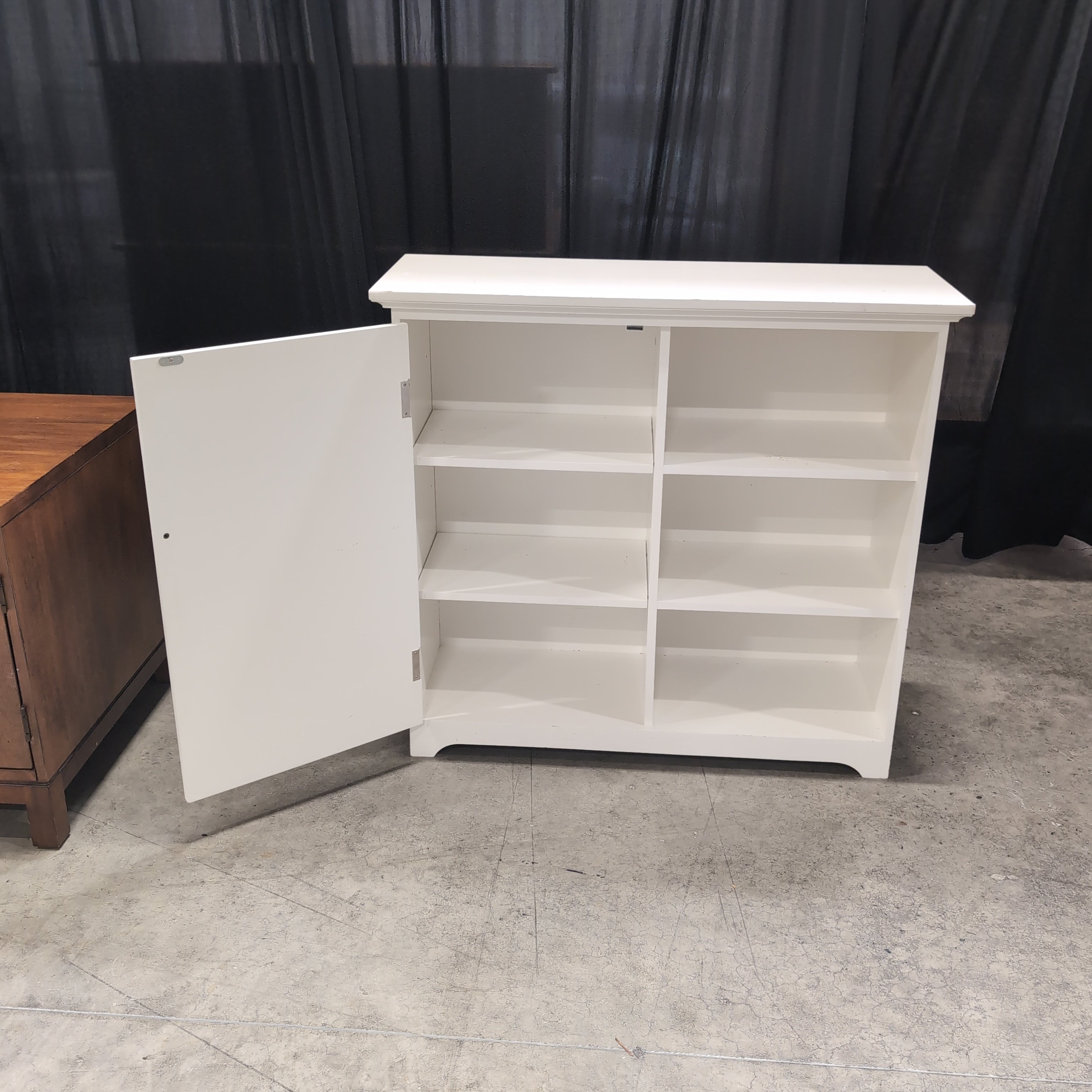 White Beadboard Storage Cabinet with Open Shelving