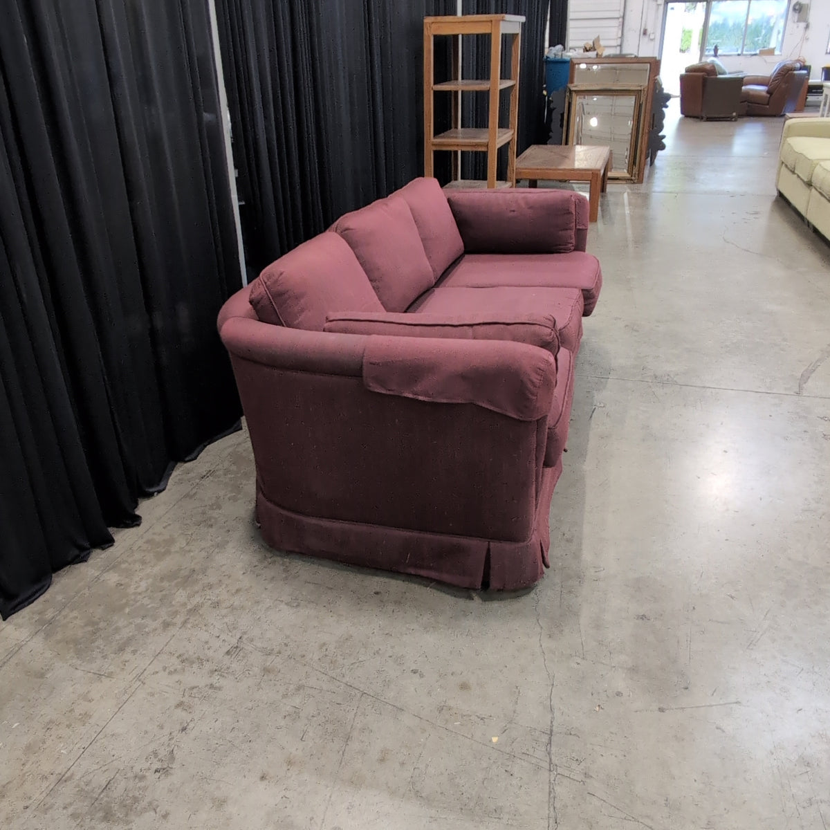 Traditional Burgundy Fabric Couch with Rolled Arms