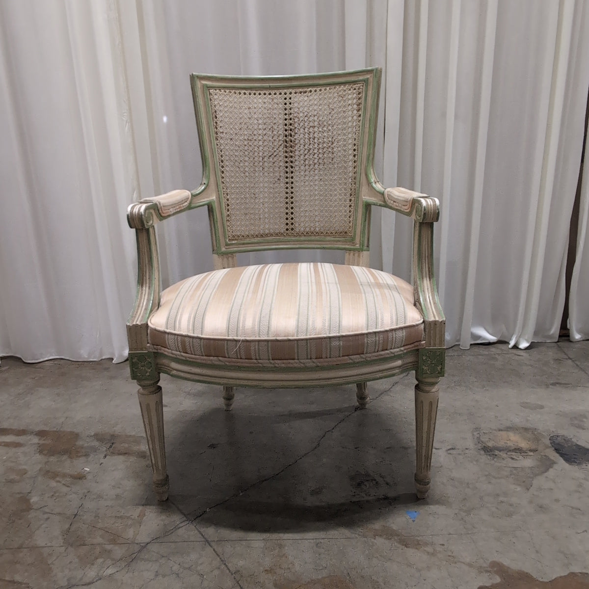 French Provincial Cane Back Accent Chair with Striped Upholstery