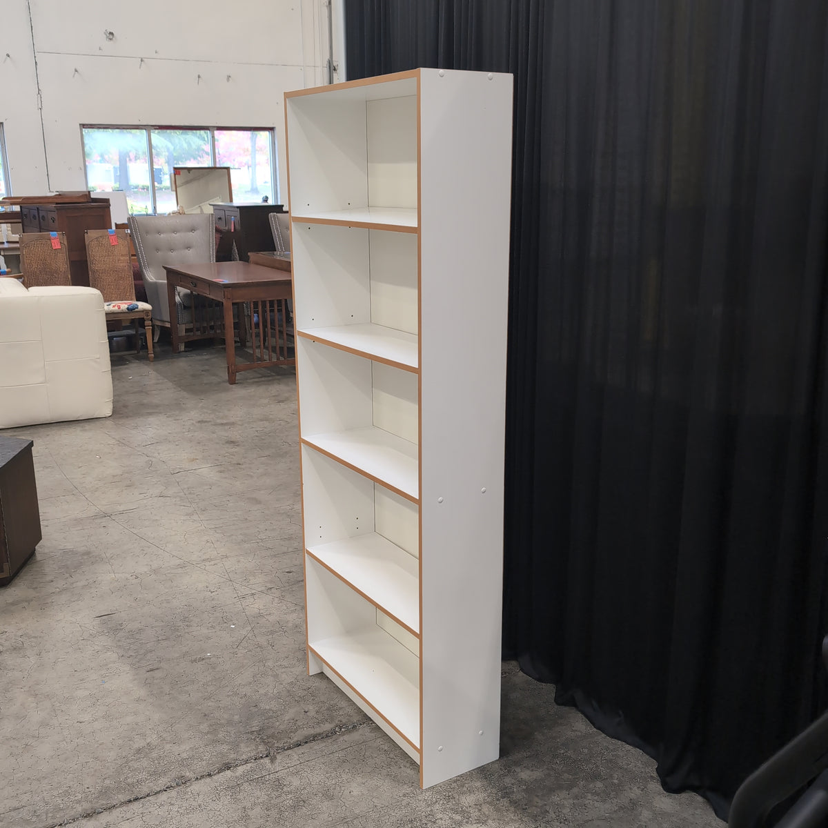 Five-Shelf White Bookcase with Wood-Look Trim