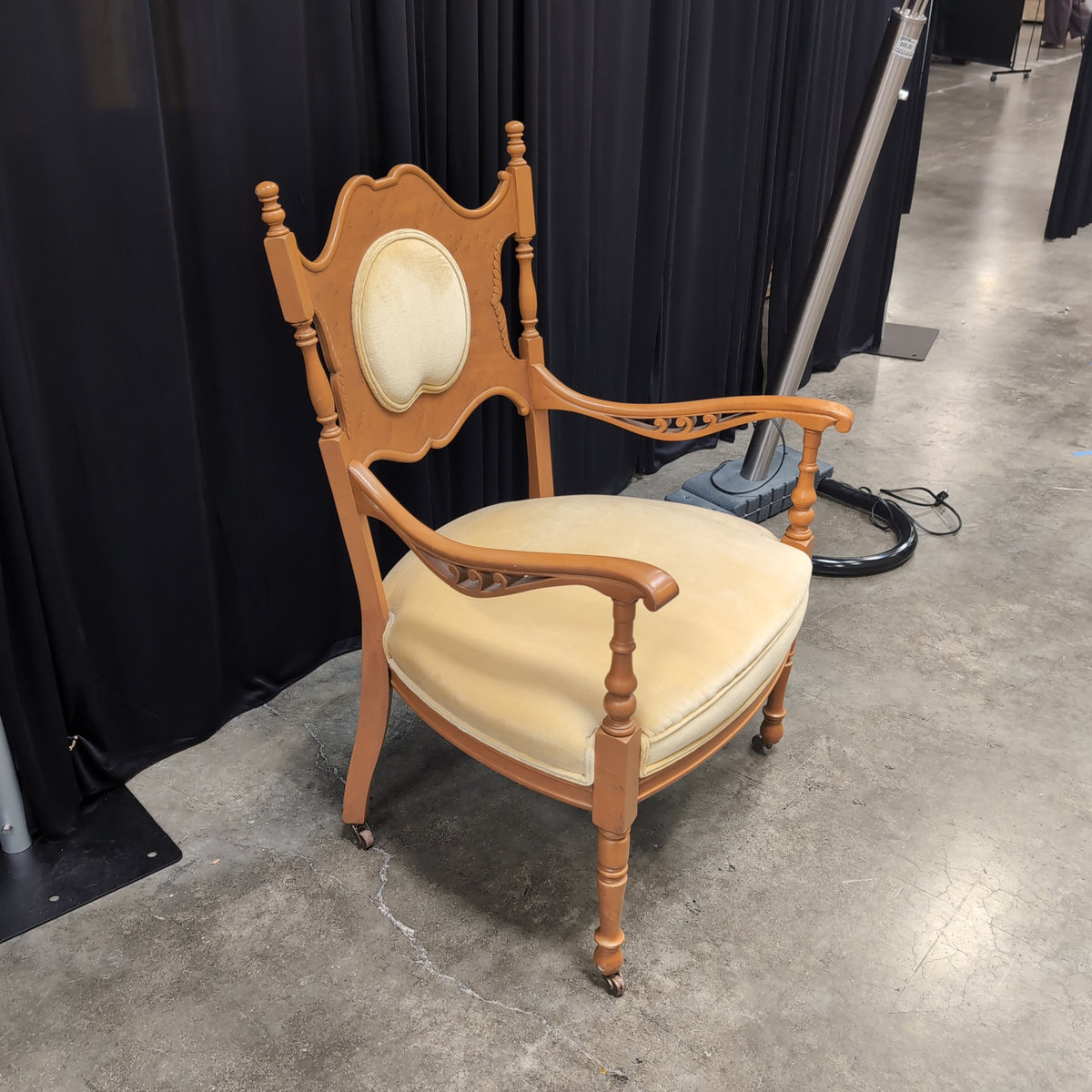 Vintage Style Carved Wood Accent Chair in Yellow Velvet
