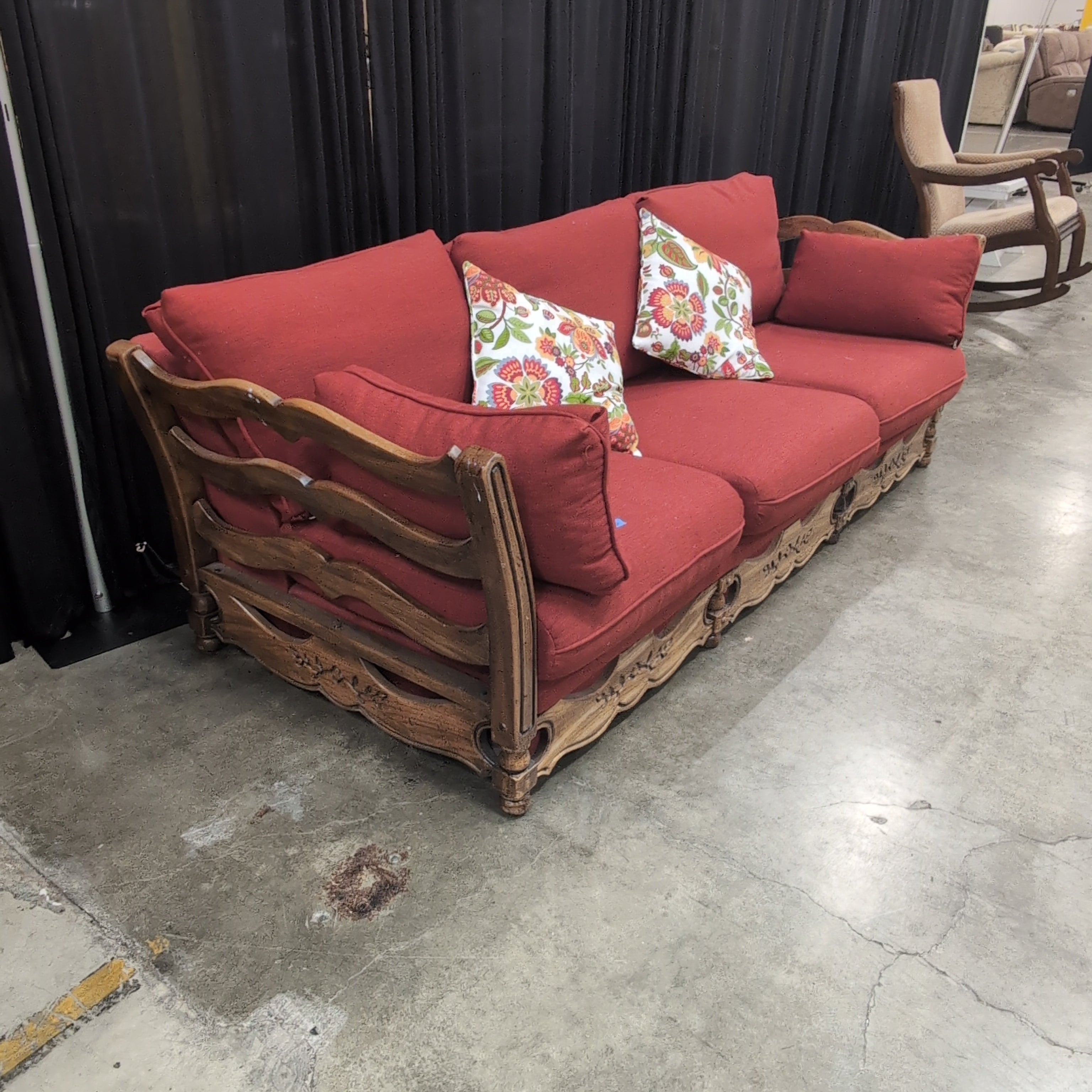 French Provincial Style Red Couch with Carved Wood