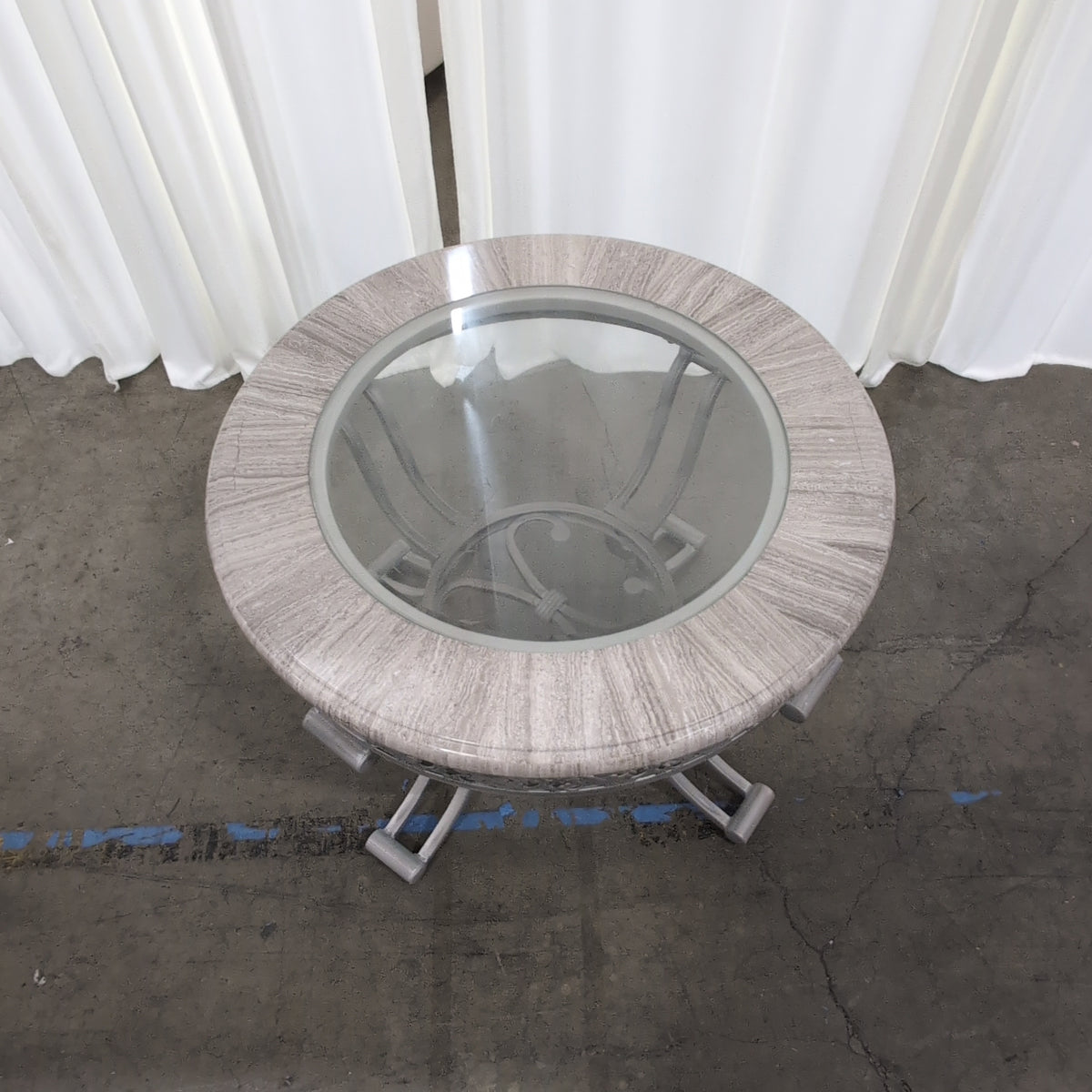 Grey Stone Top Round End Table with Ornate Metal Base