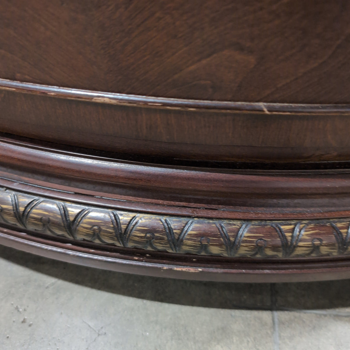 Ornate Dark Wood Three-Drawer Nightstand with Marble Top