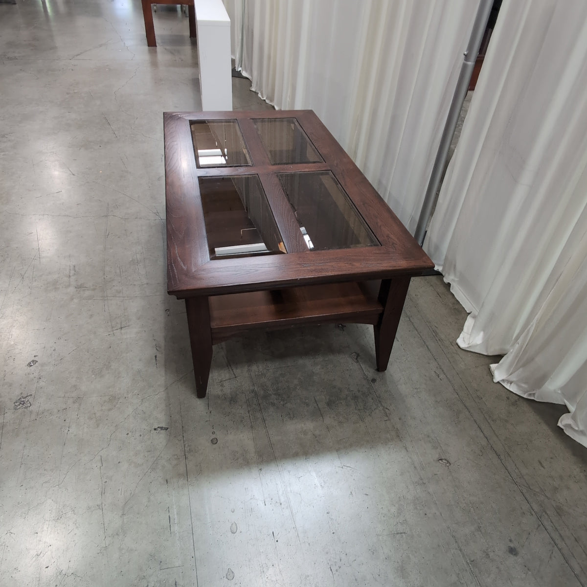 Dark Stained Wood Coffee Table with Glass Insert