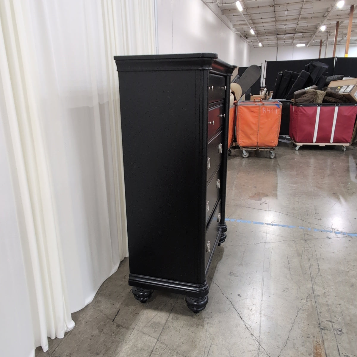 Black Wood Six-Drawer Dresser with Silver Hardware
