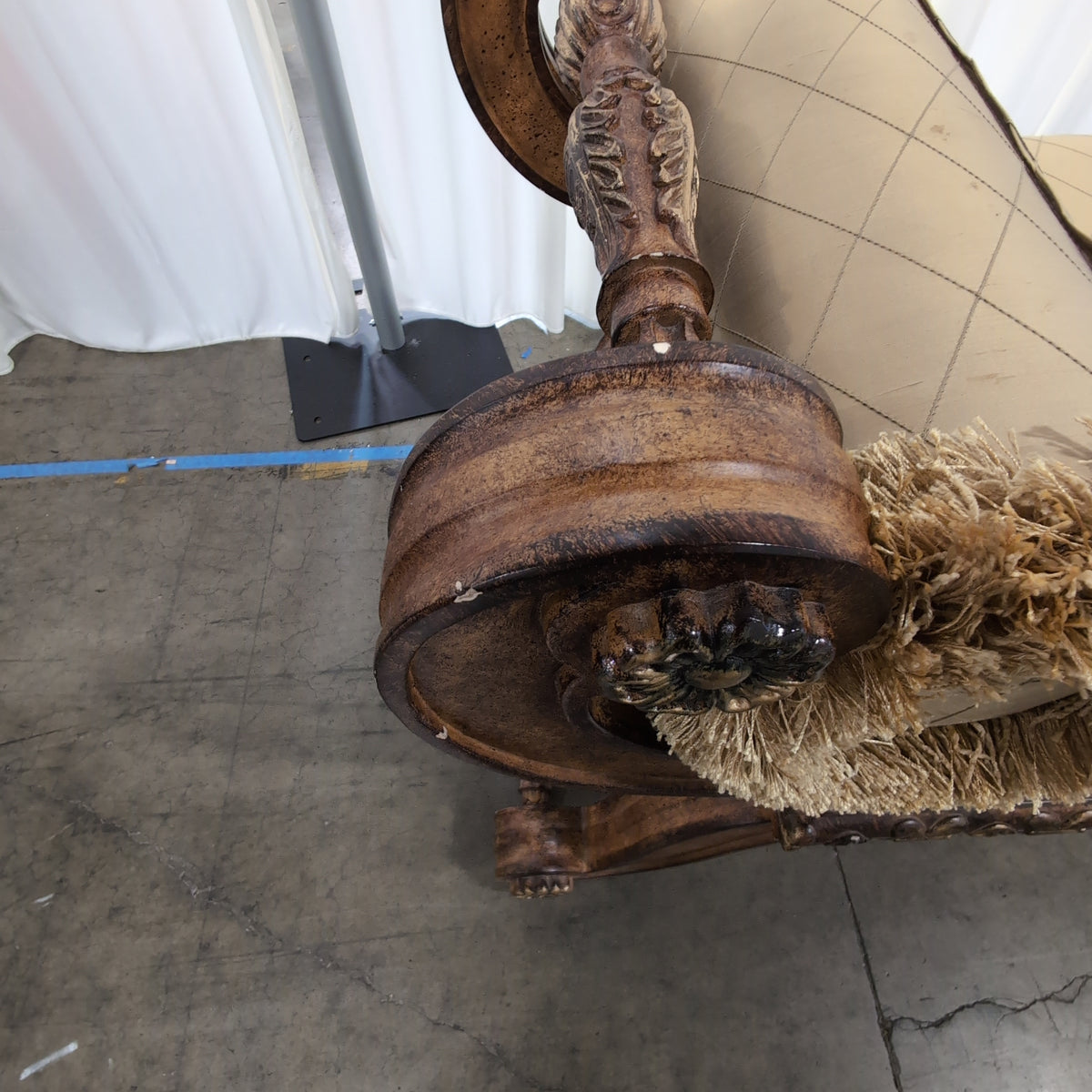 Horchowineiman Marcus-Ornate Traditional Beige Upholstered Bench in Dark Wood