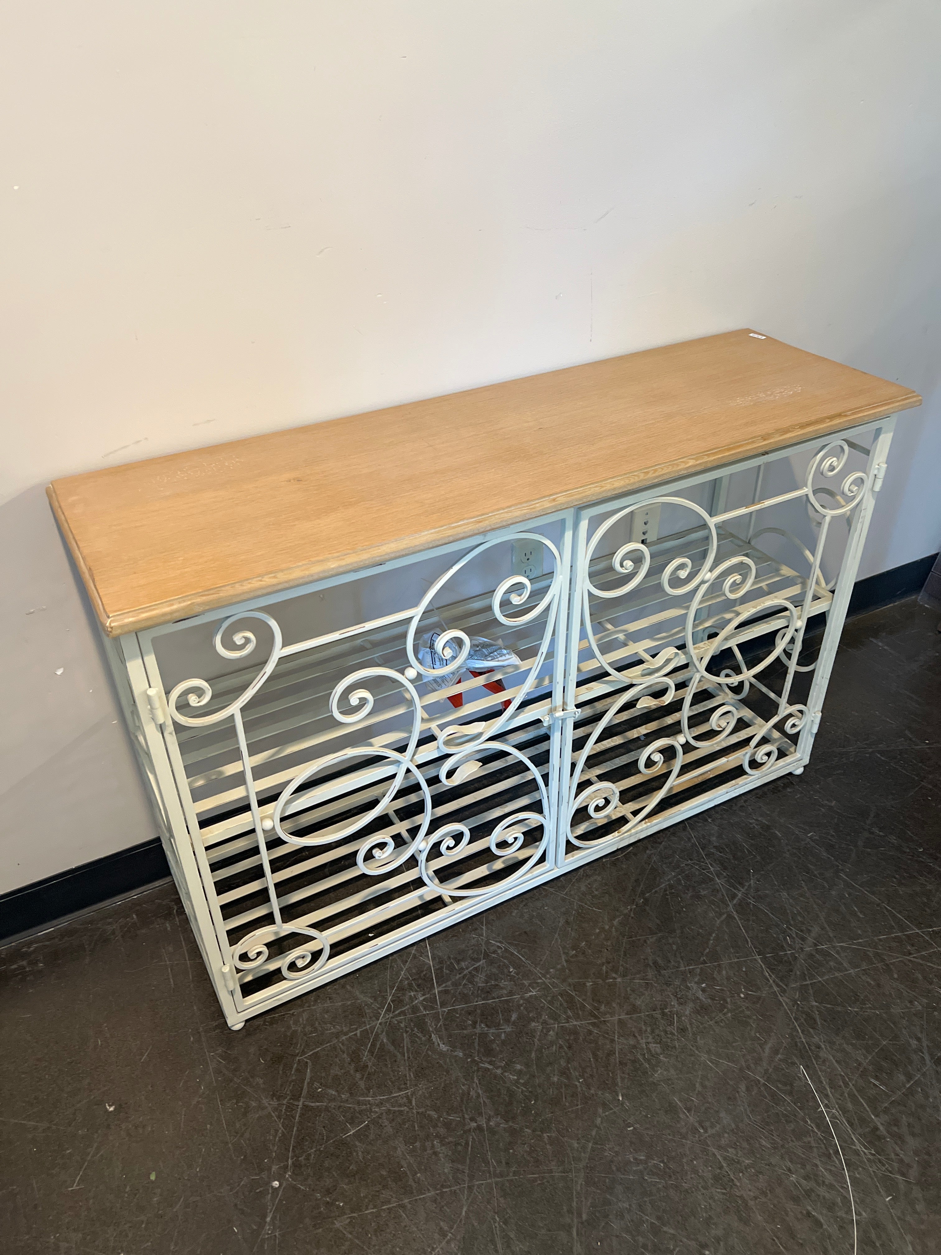 White Scroll Metal Cabinet with Wood Top