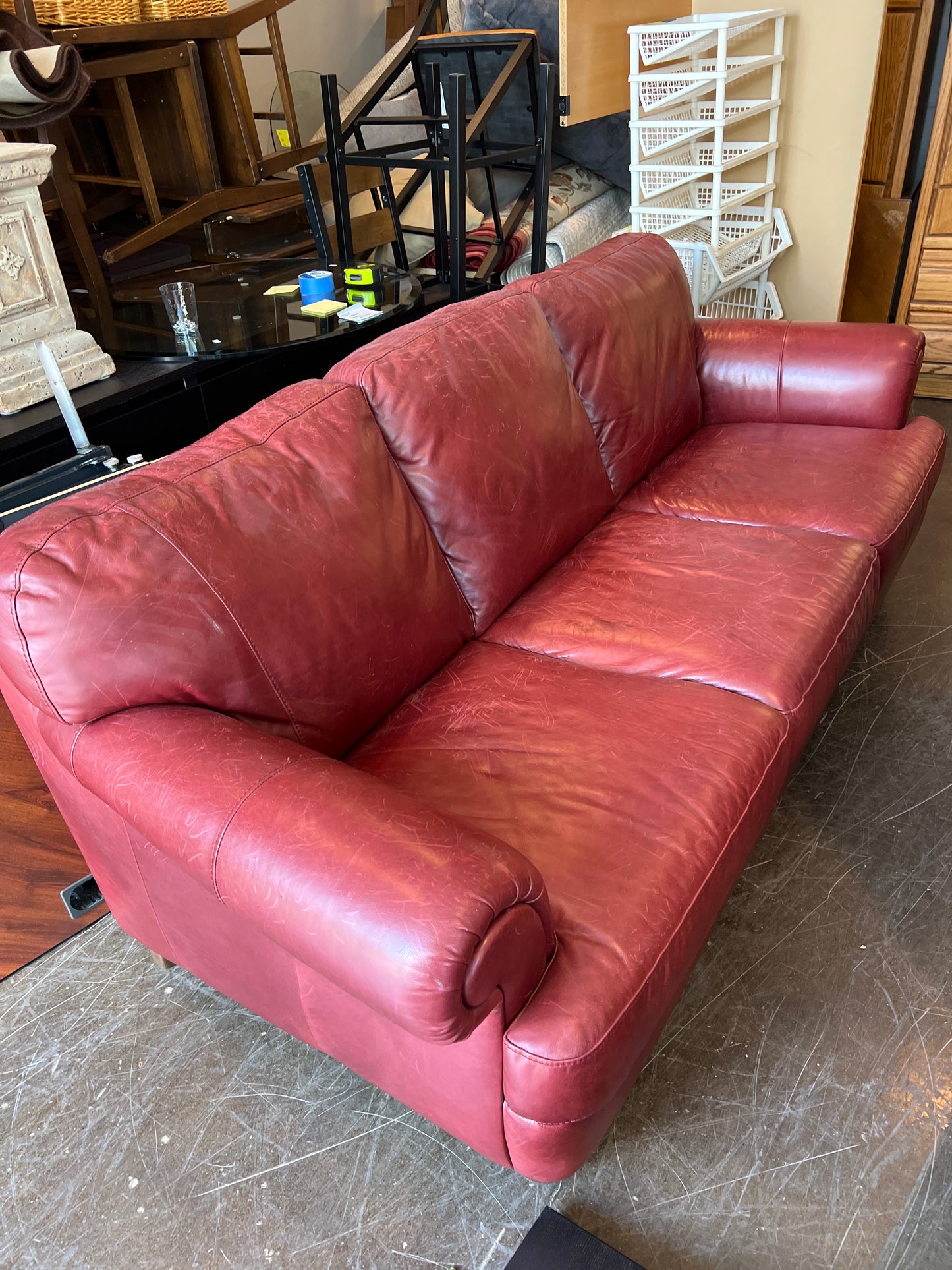 Red Leather Three-Seat Sofa