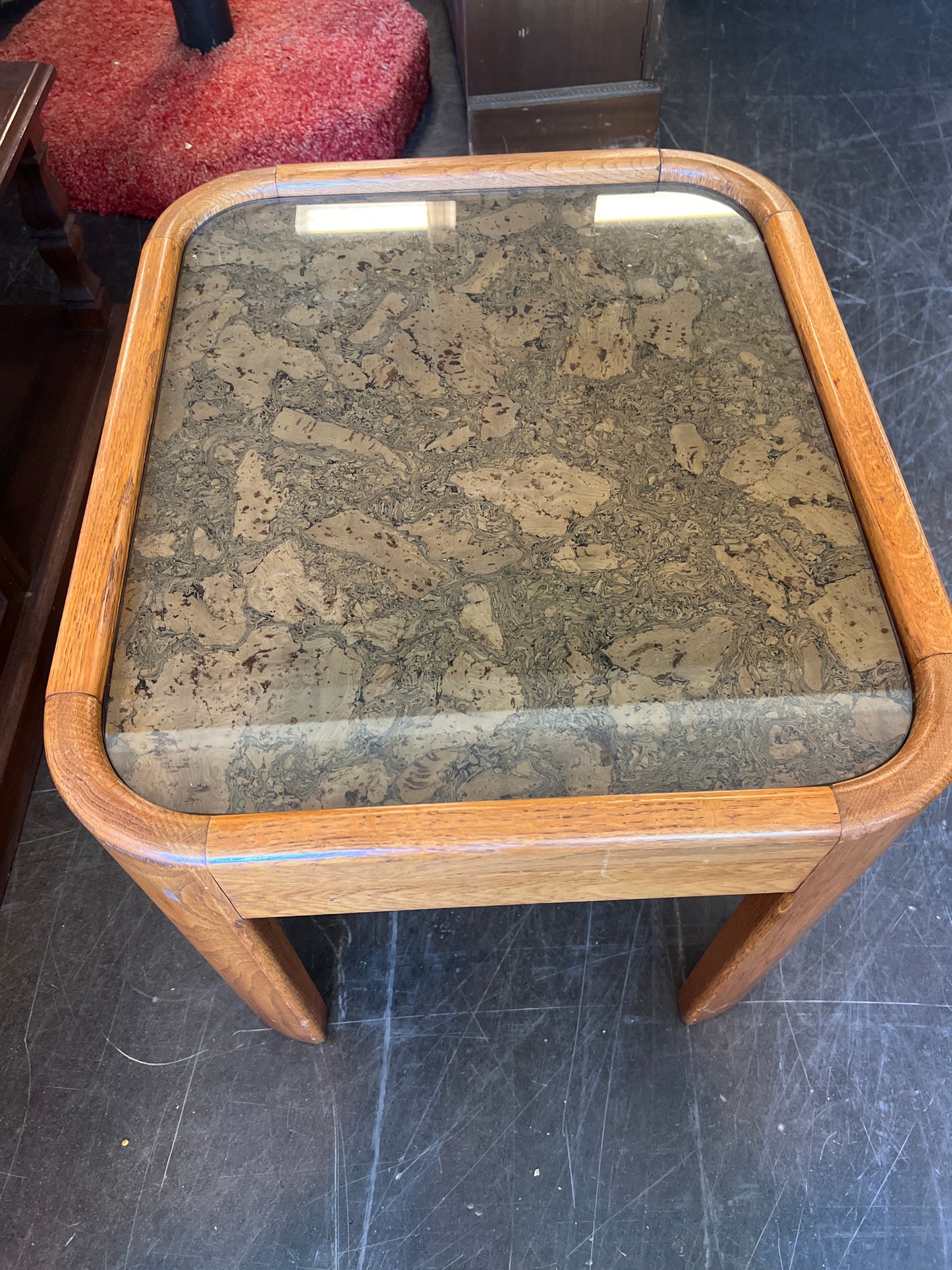 Mid-Century Oak Side Table with Tinted Glass and Burl-Style Inlay