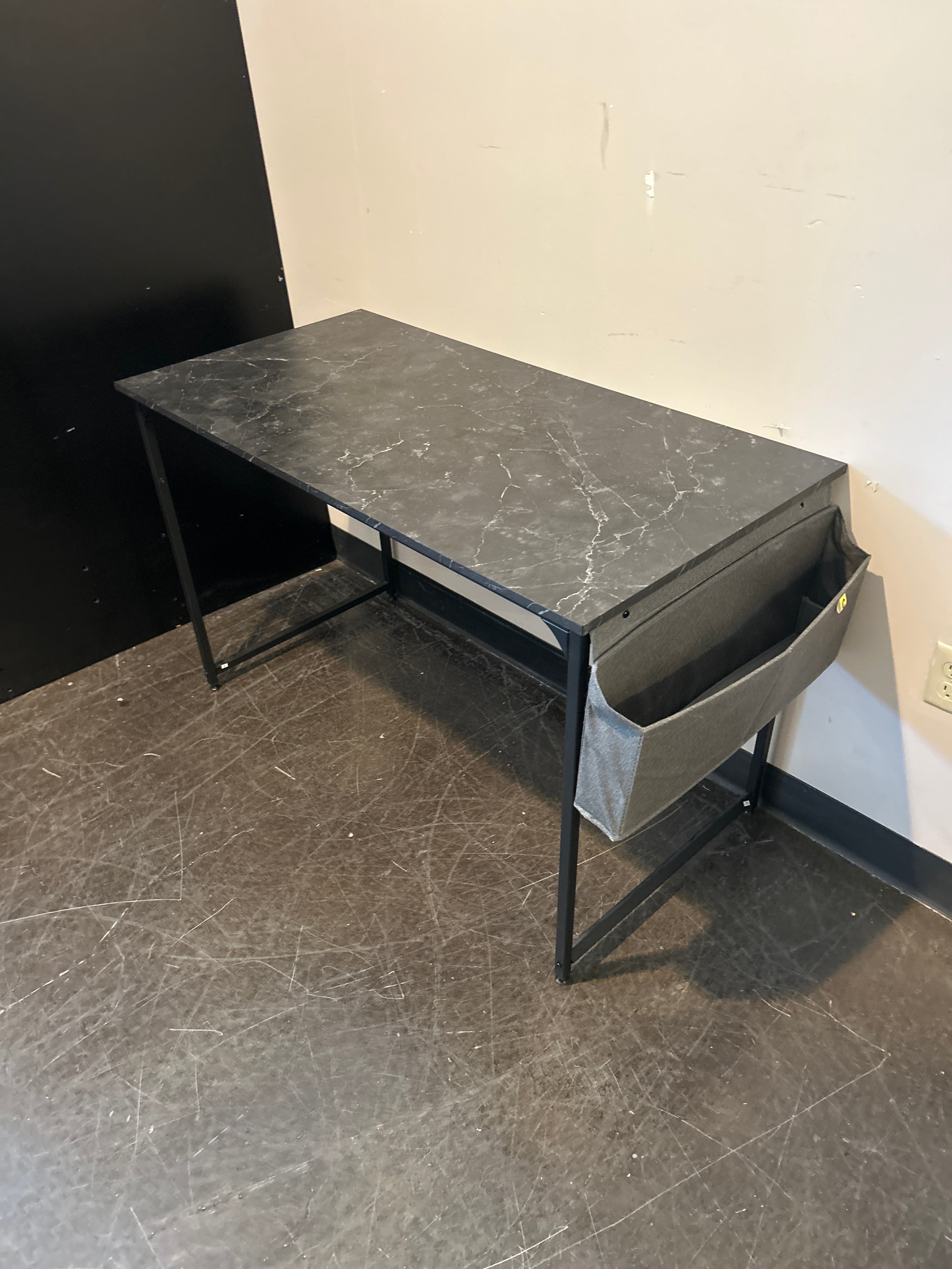 Slim Black Side Table with Faux Marble Top and Fabric Storage