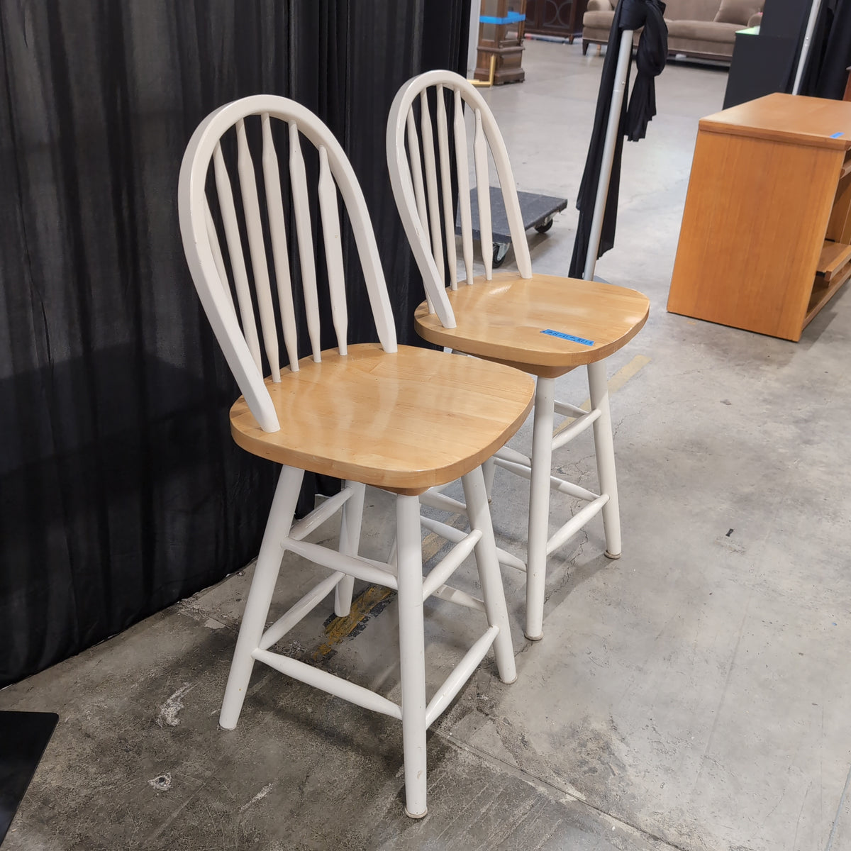 Pair of White Windsor Style Chairs with Natural Wood Seats