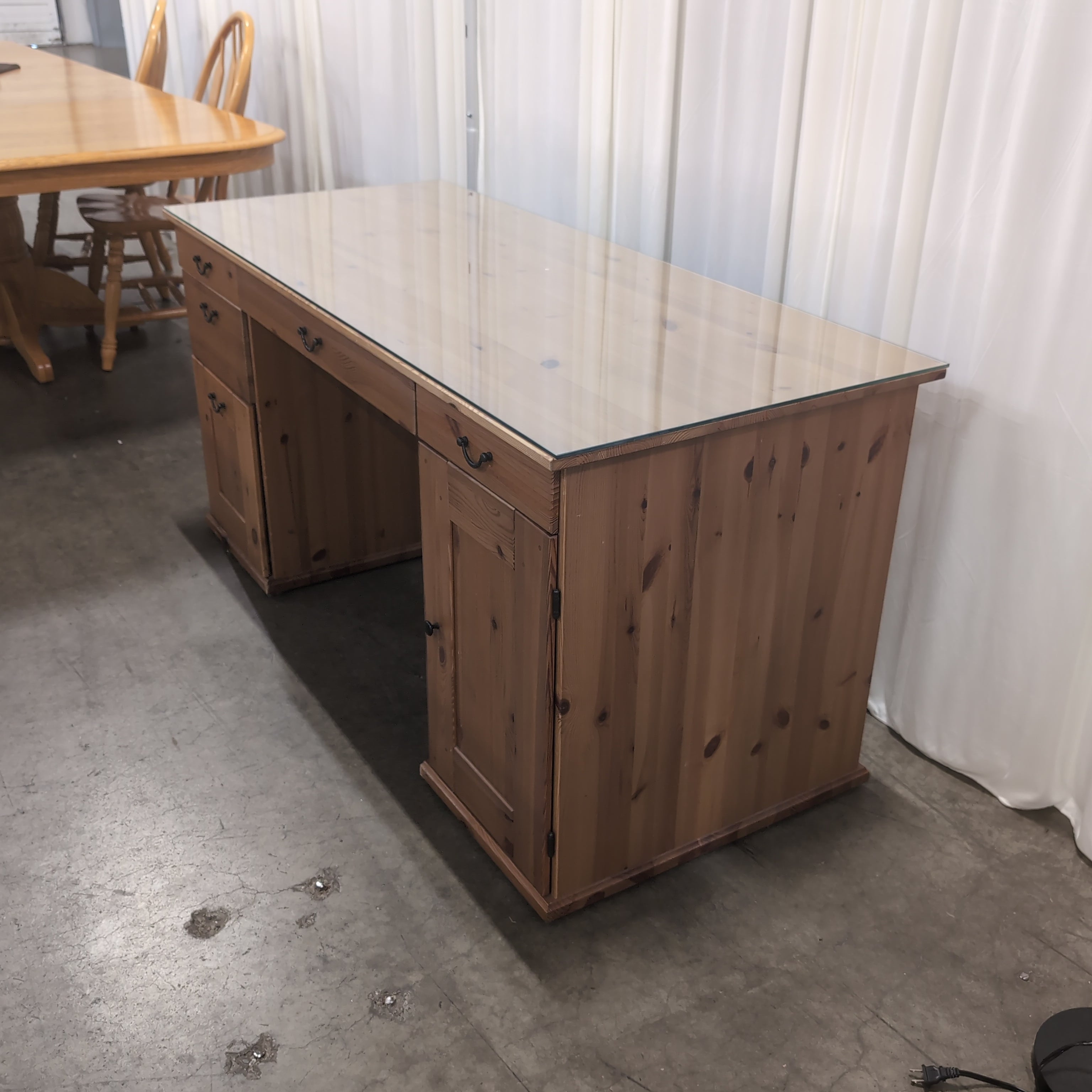 Light Wood Desk with Glass Top and Storage Drawers
