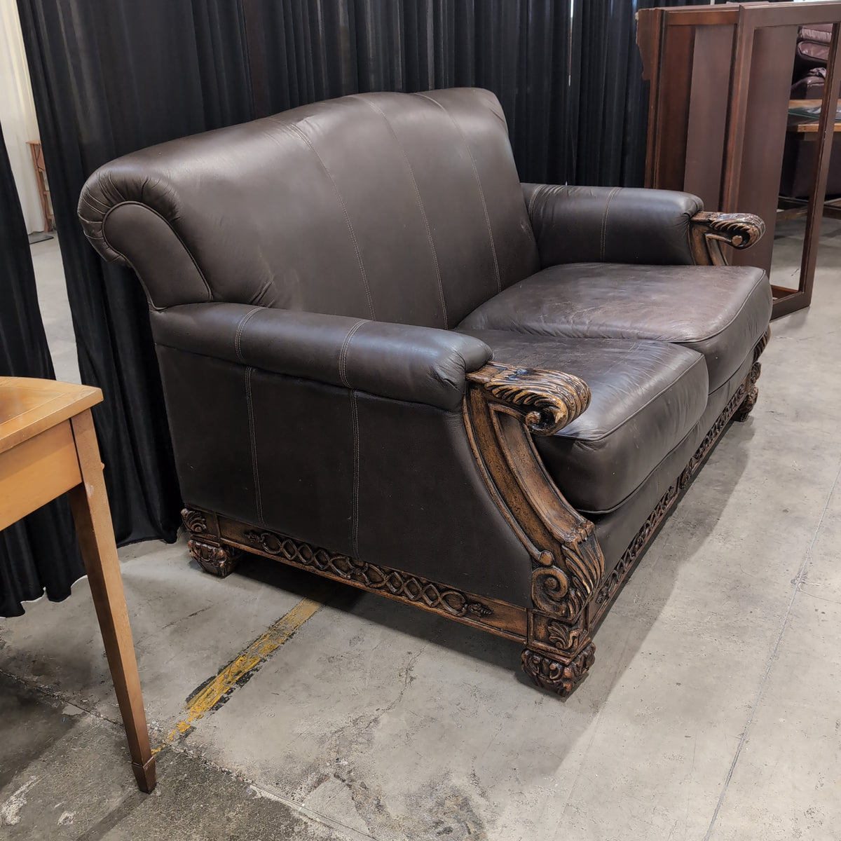 Dark Brown Leatherette Carved Wood Loveseat