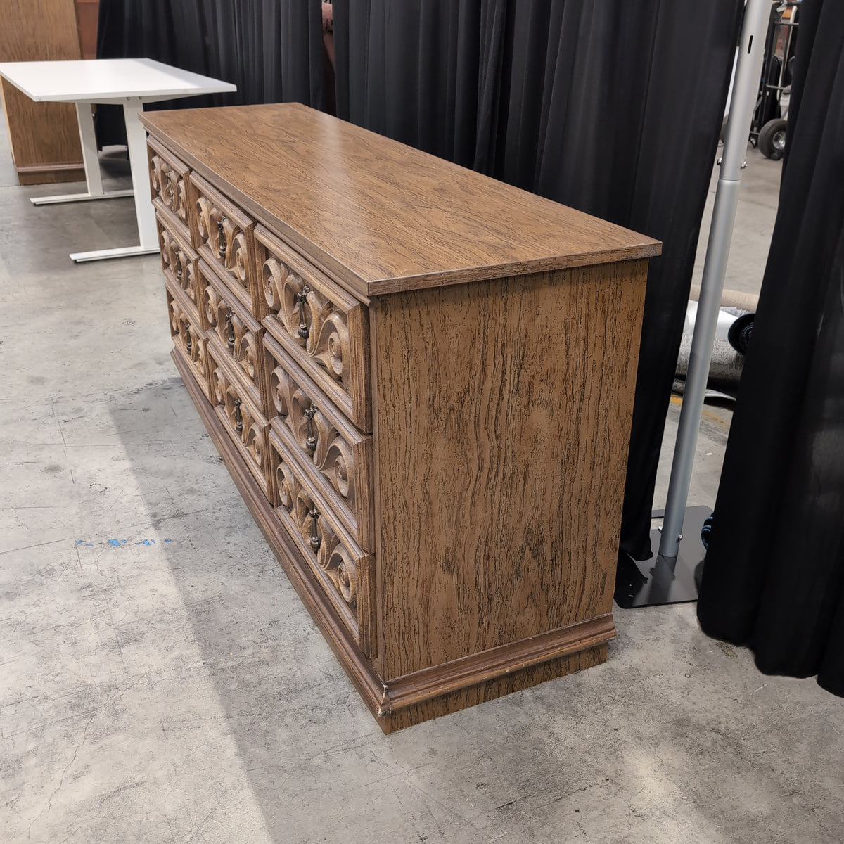 Ornate Carved Brown Wood Nine-Drawer Dresser
