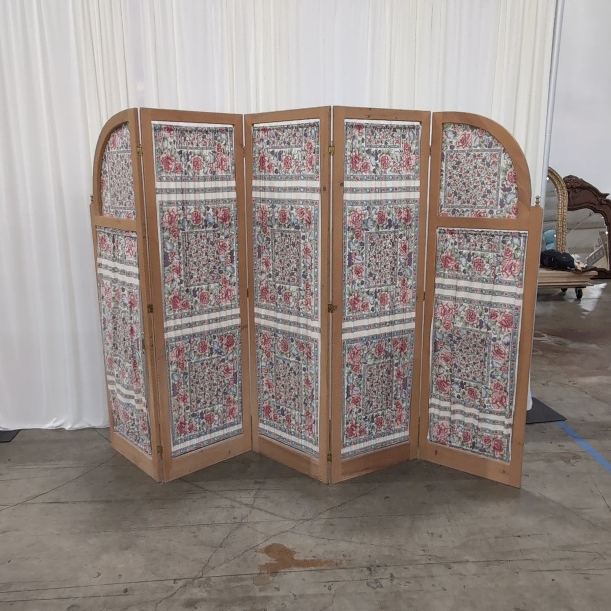 Three-Panel Wood Screen with Floral Fabric