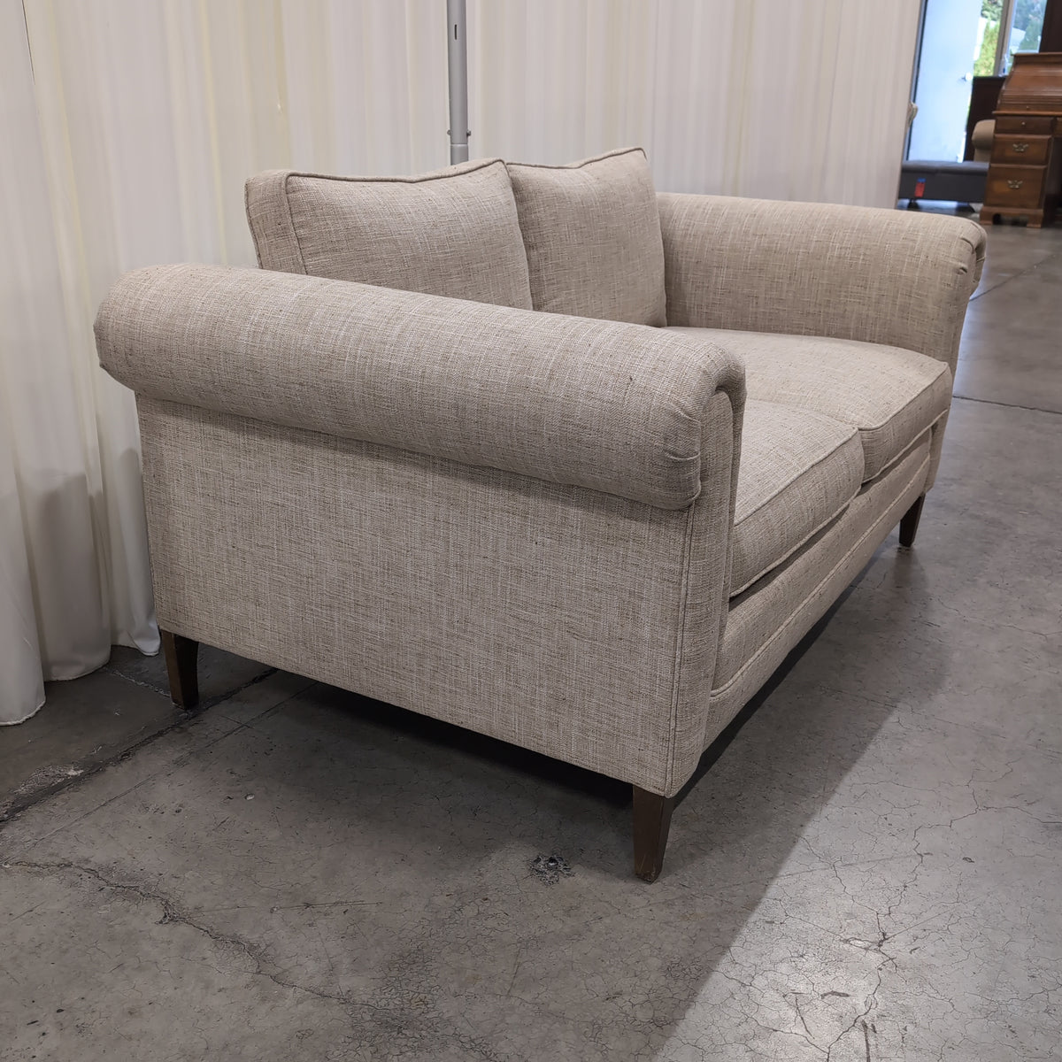 Light Beige Rolled Arm Loveseat in Woven Fabric