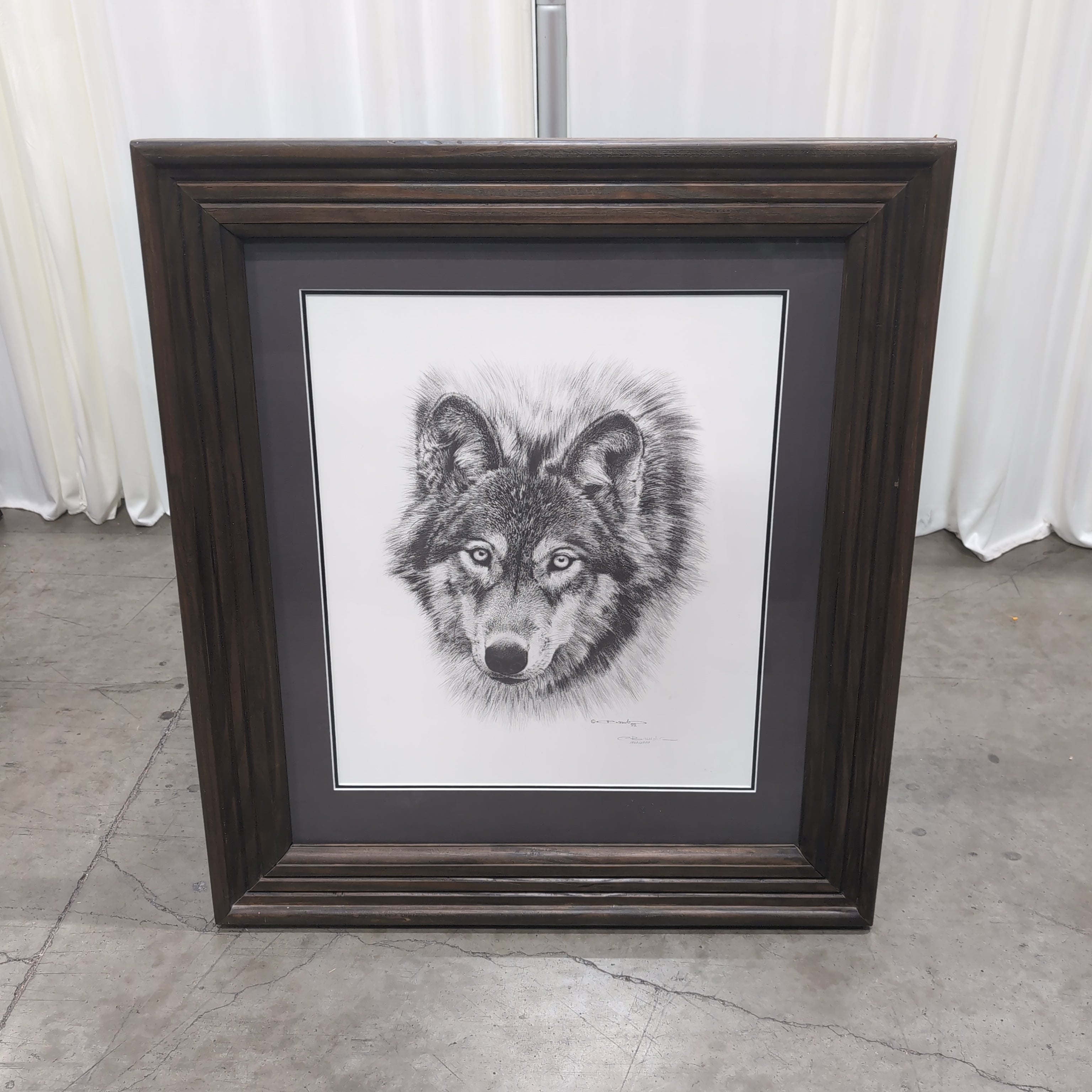 Black and White Wolf Head Drawing in Dark Wood Frame