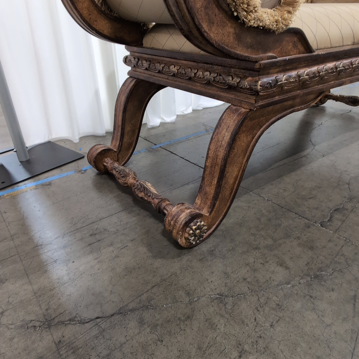 Horchowineiman Marcus-Ornate Traditional Beige Upholstered Bench in Dark Wood