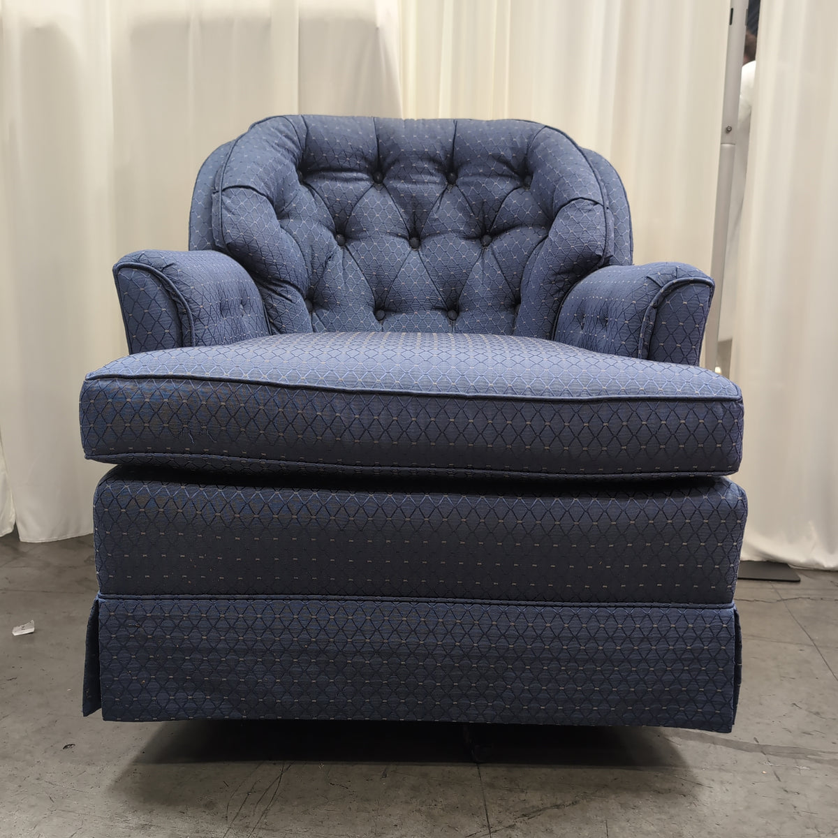 Dark Blue Tufted Upholstered Chair with Geometric Pattern