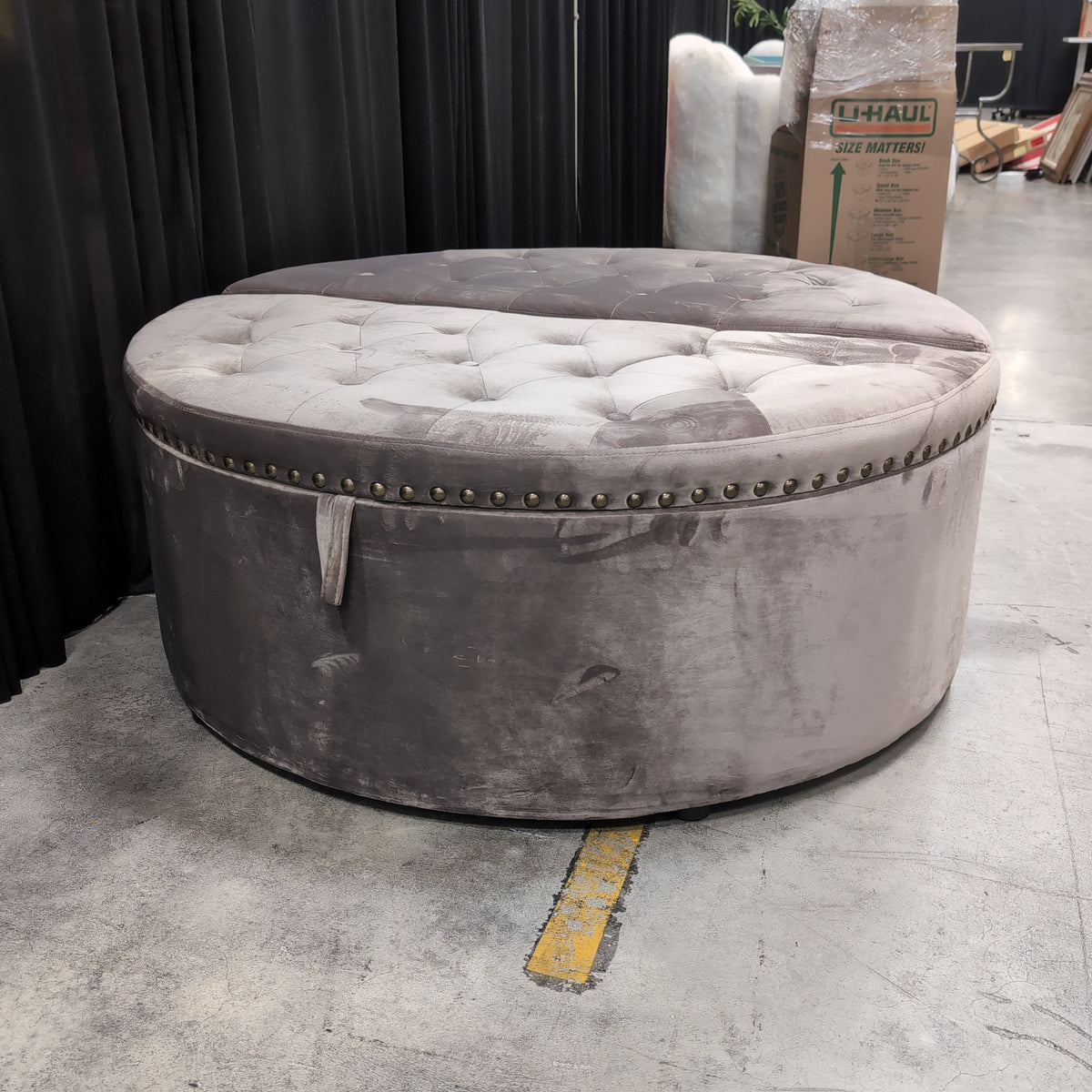 Tufted Velvet Half-Circle Ottoman with Nailhead Trim
