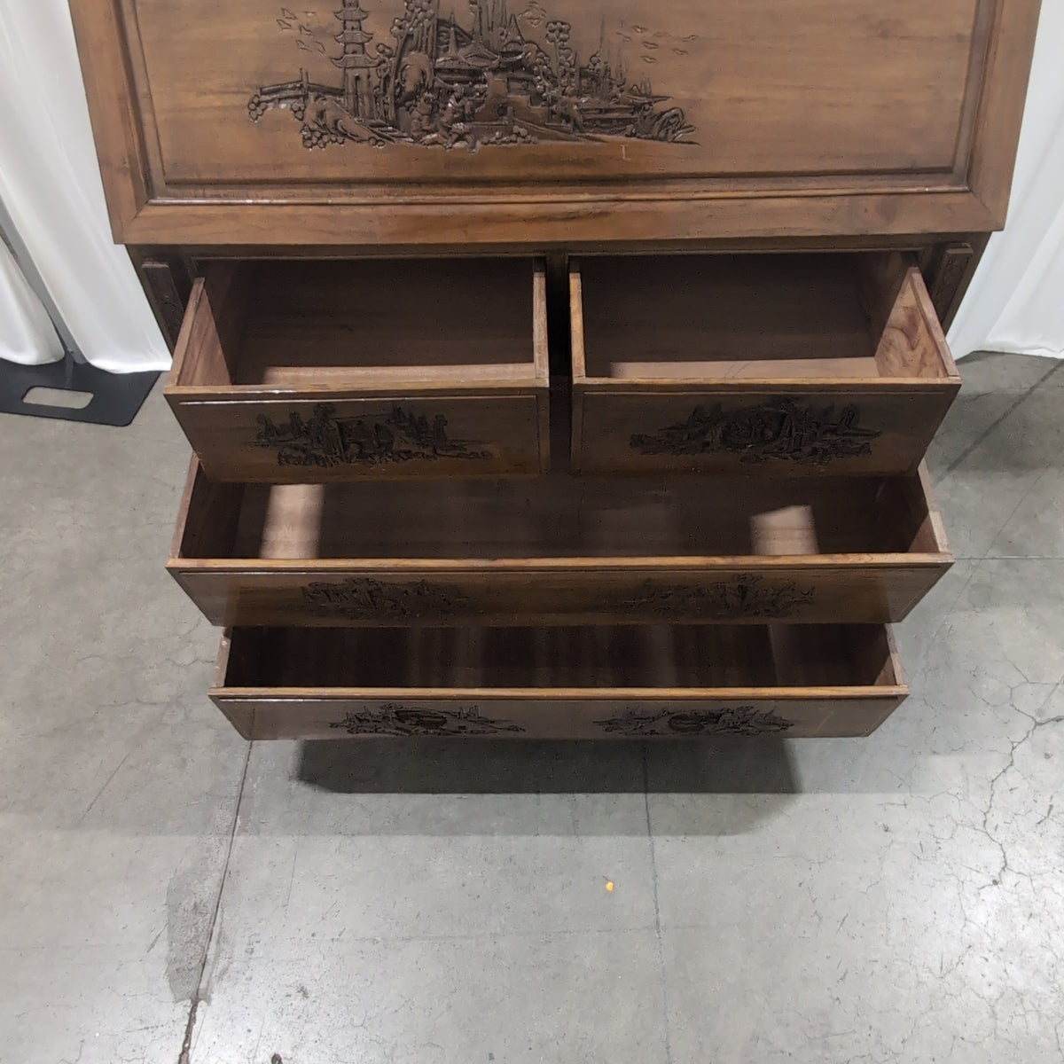 Carved Asian-Inspired Drop-Front Wood Desk