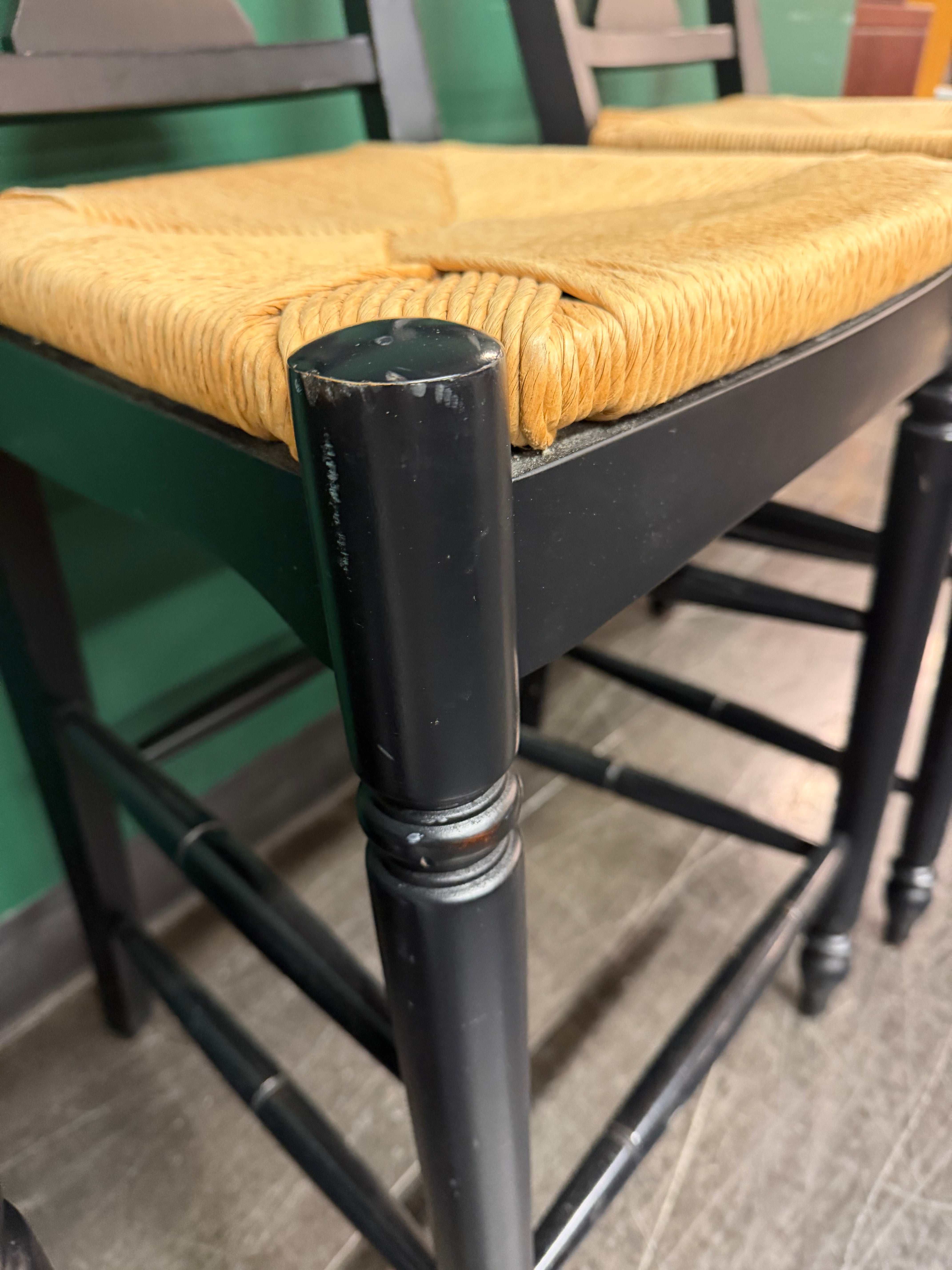 Ethan Allen Vintage French Country Rush Seat Bar Stools in Black, Set of Four