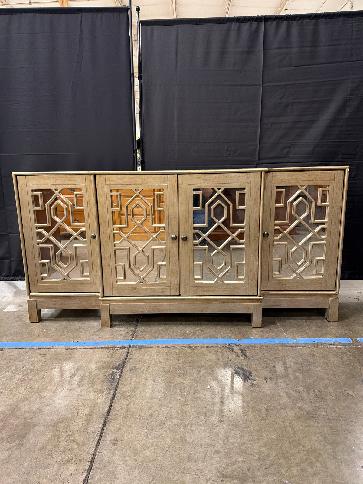 Jofran Casa Bella 70" Mirrored Console, Vintage Silver Fretwork 4-Door TV Stand Sideboard