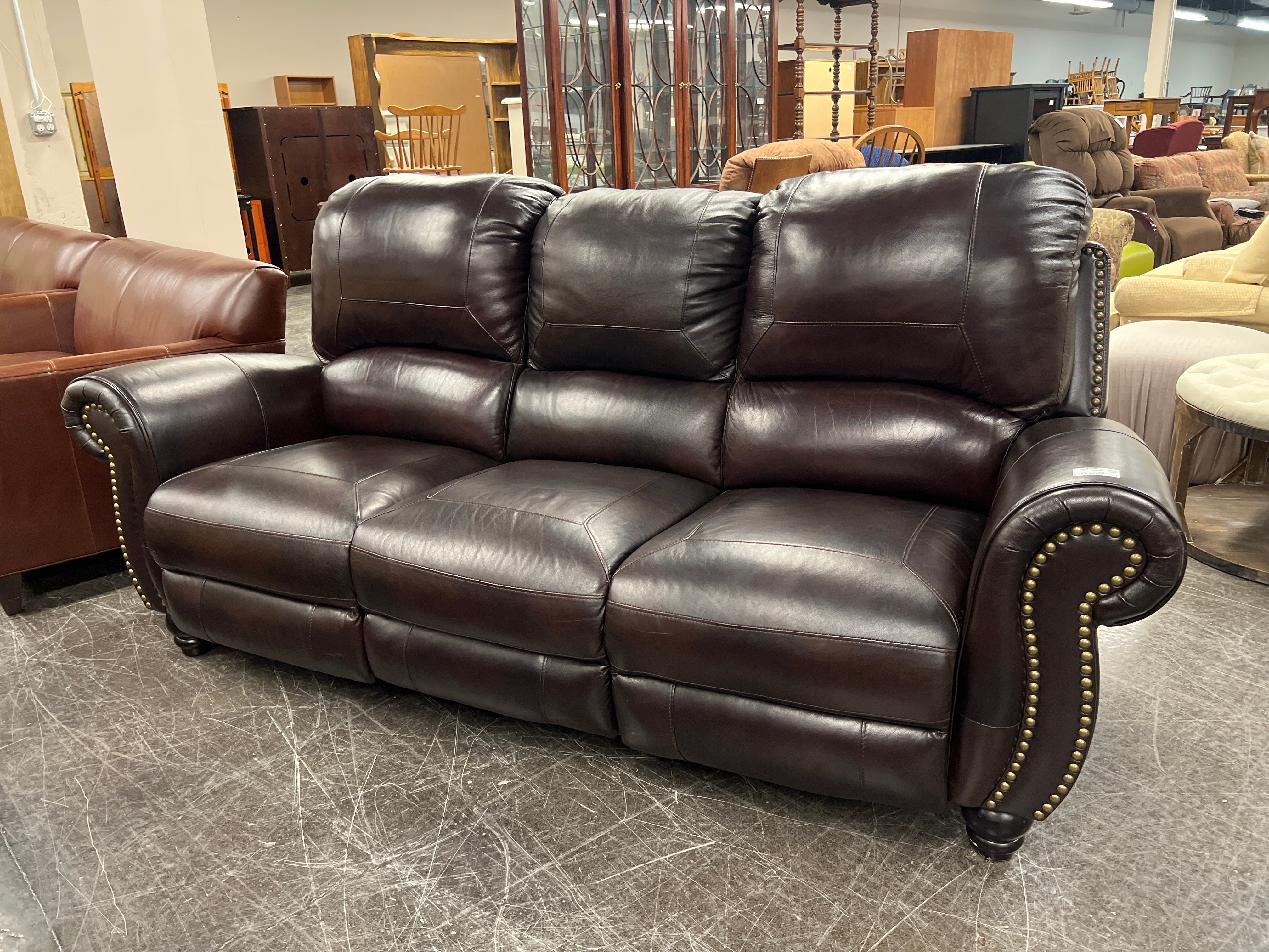 Dark Brown Three-Seat Reclining Sofa with Nailhead Trim