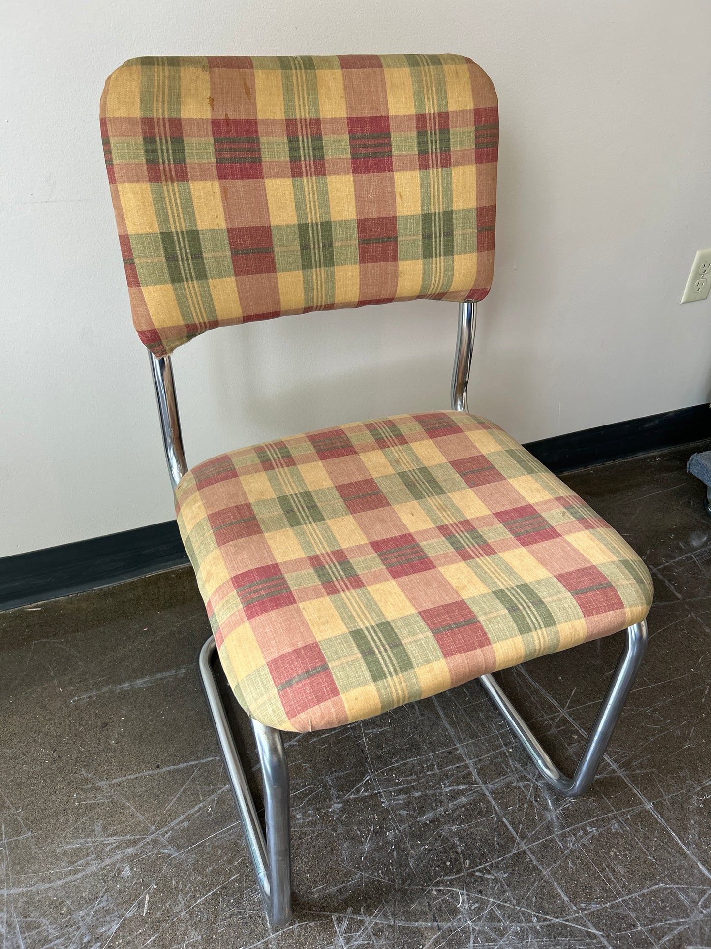 Retro Chrome Cantilever Chairs with Plaid Upholstery