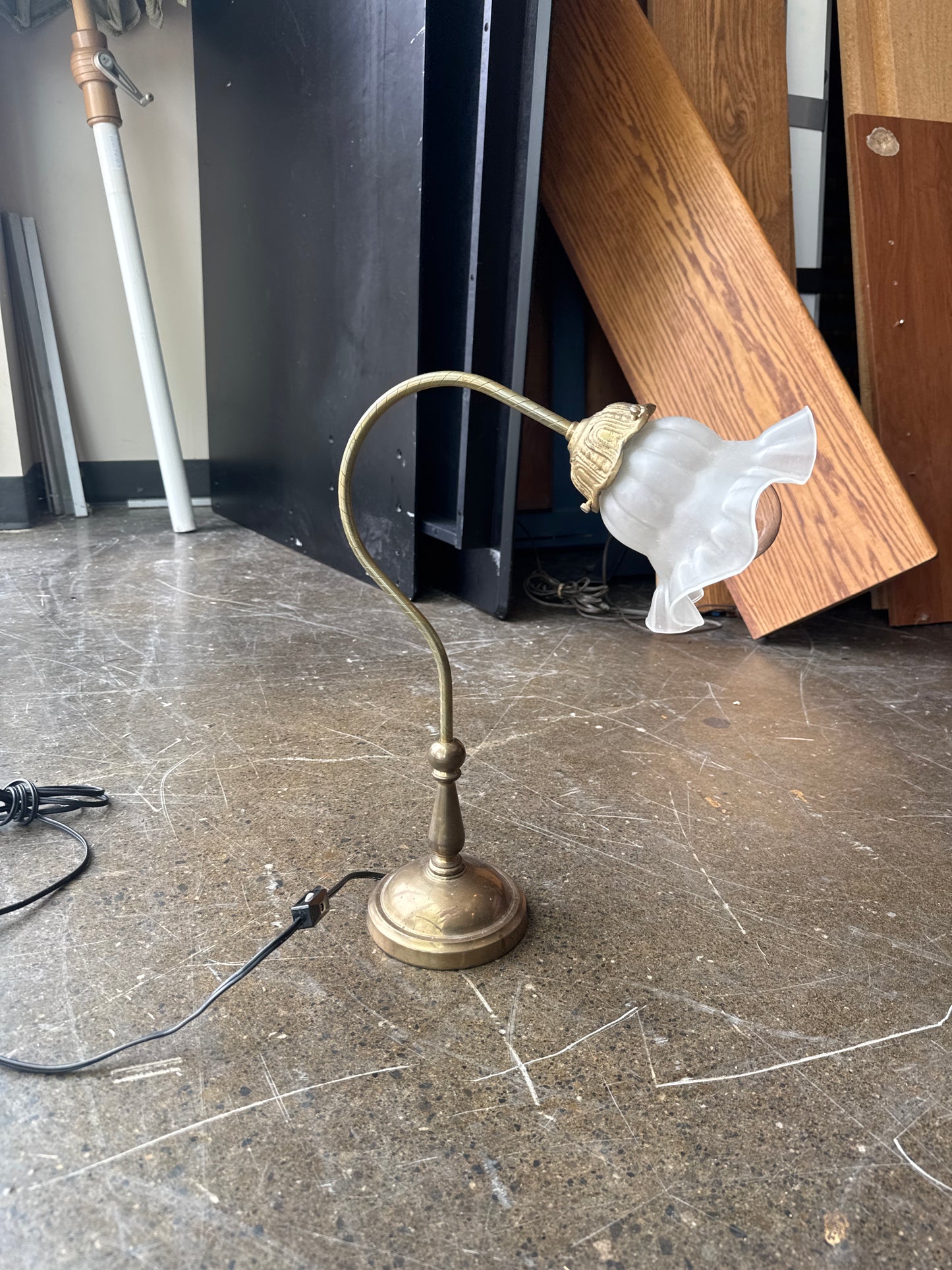 Vintage Brass Gooseneck Table Lamp with Frosted Glass Shade