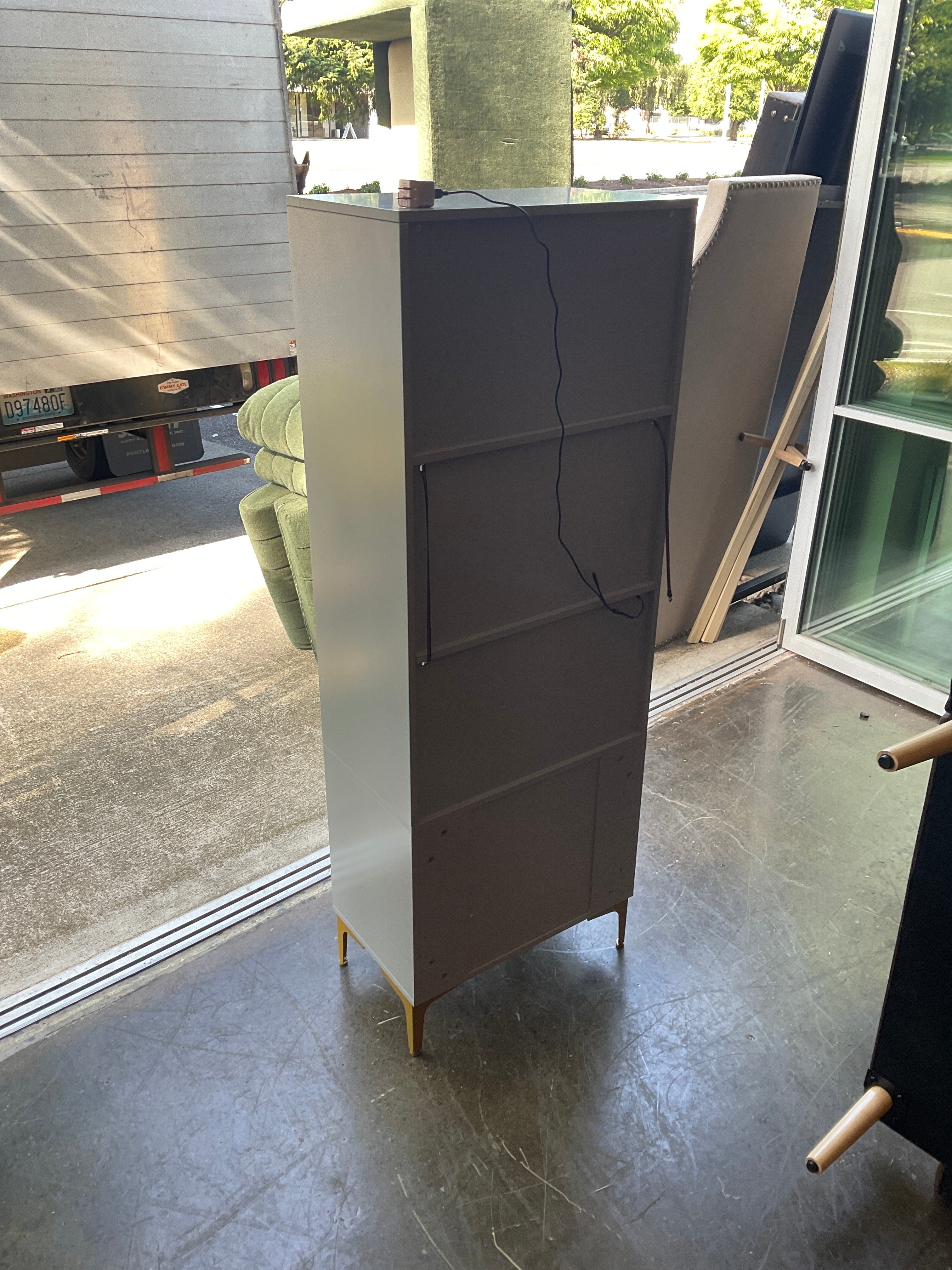 Modern Gray Display Cabinet with Gold Accents