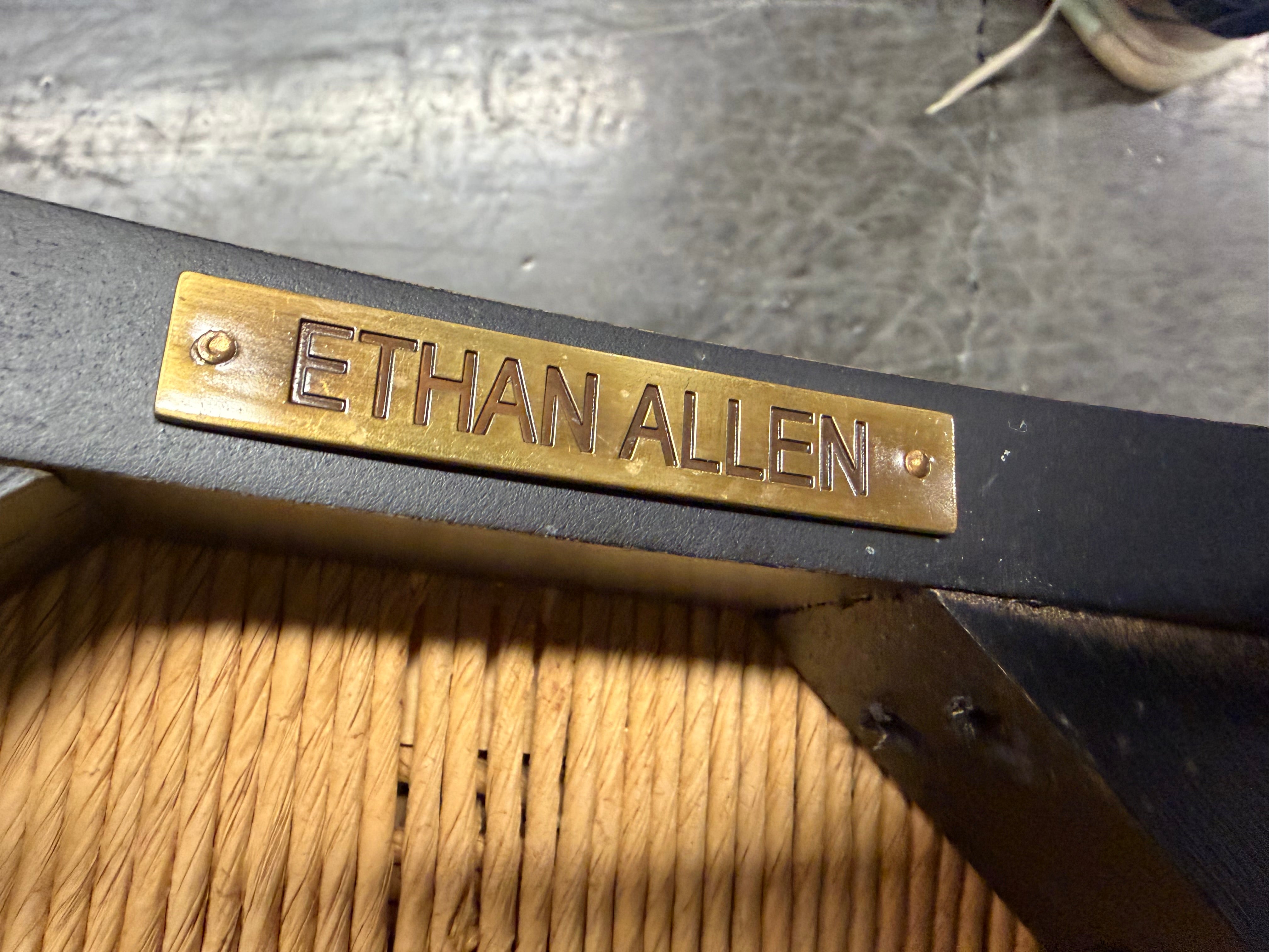 Ethan Allen Vintage French Country Rush Seat Bar Stools in Black, Set of Four