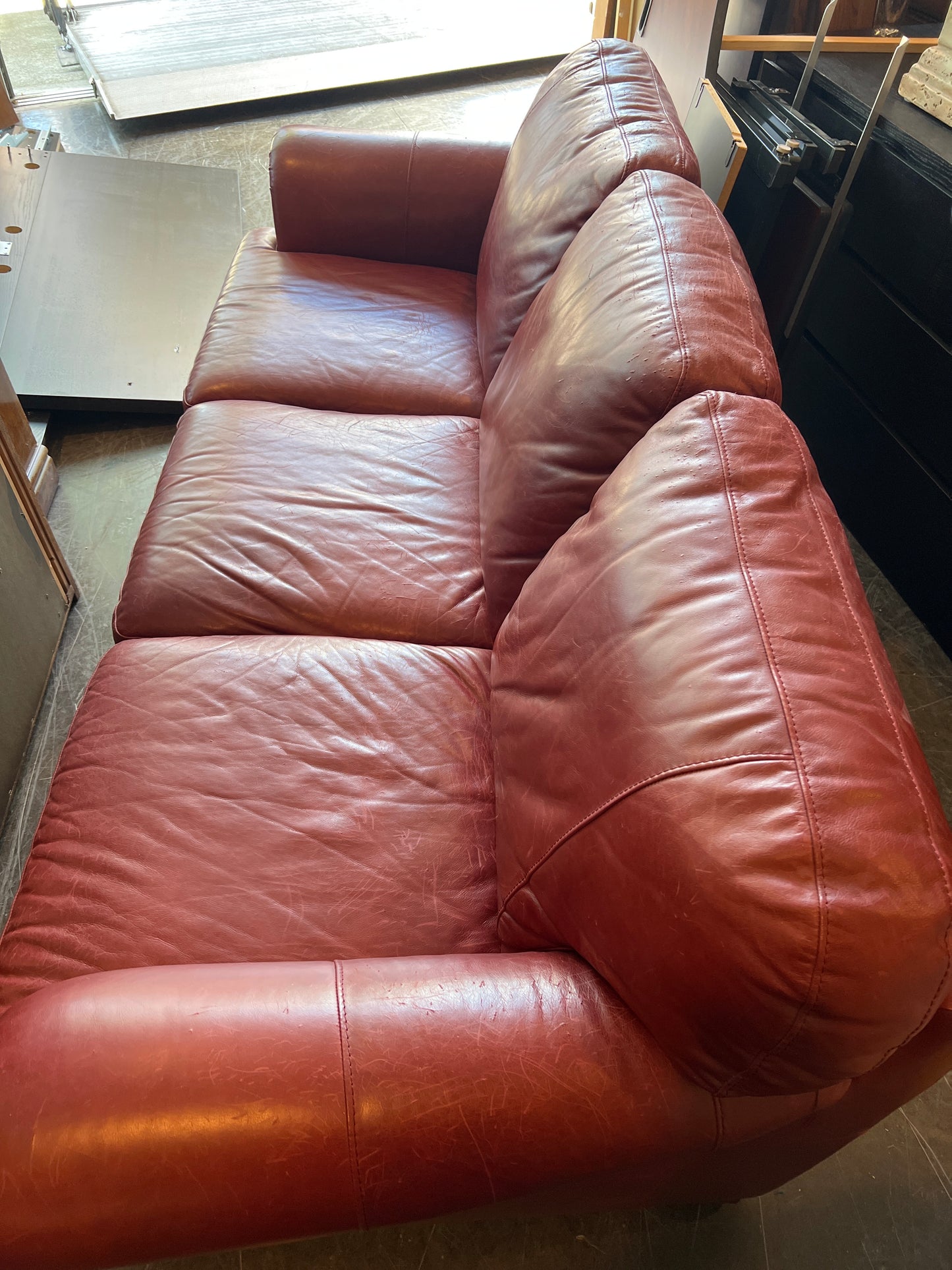 Red Leather Three-Seat Sofa