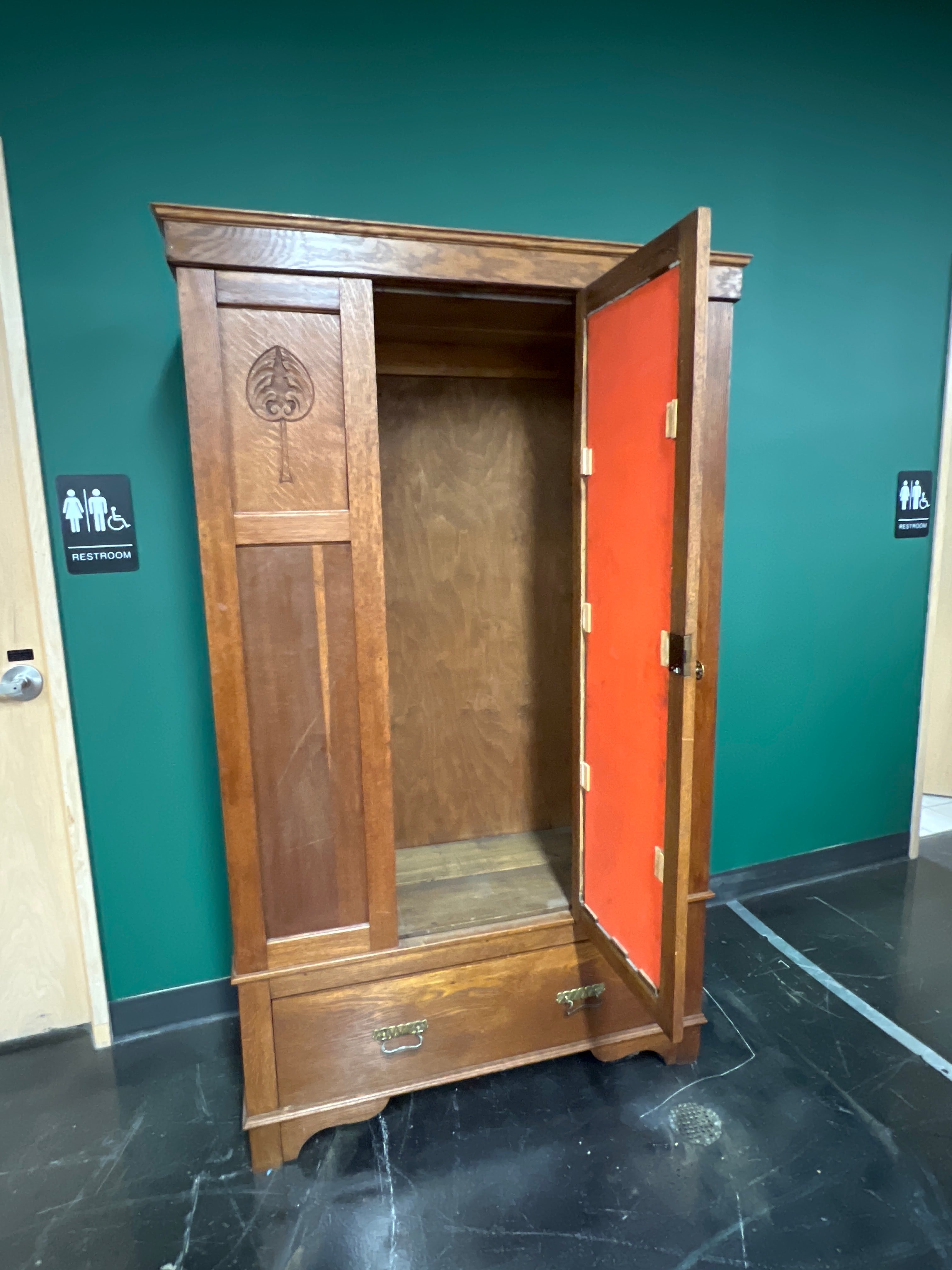 Antique Oak Armoire with Mirror & Carved Details